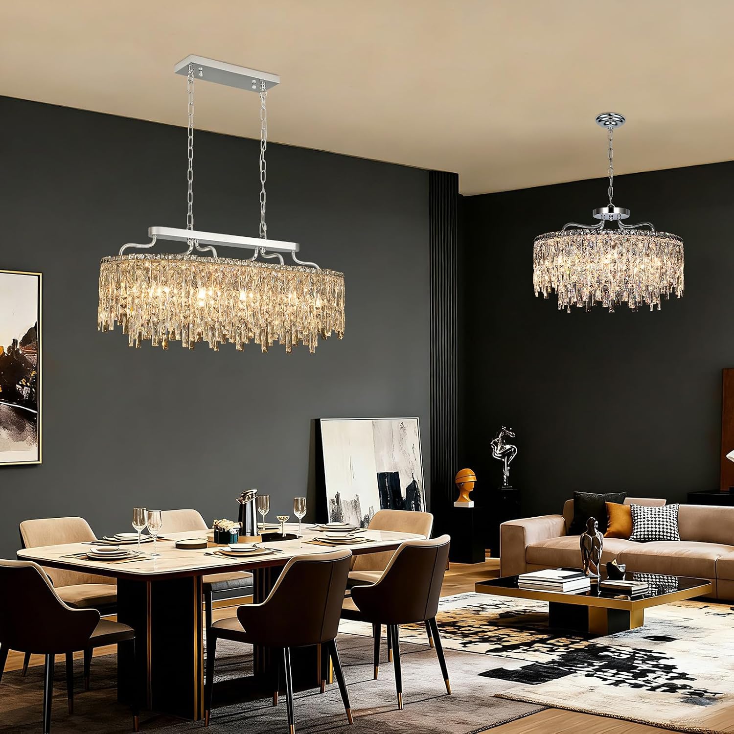 12-Lights Modern Luxury Crystal Chandeliers for Dining Room Light Fixtures Over Table | L36 Chrome Crystal Kitchen Island Lighting | Oval Hanging Chandeliers for Living Room Kitchen Bathroom