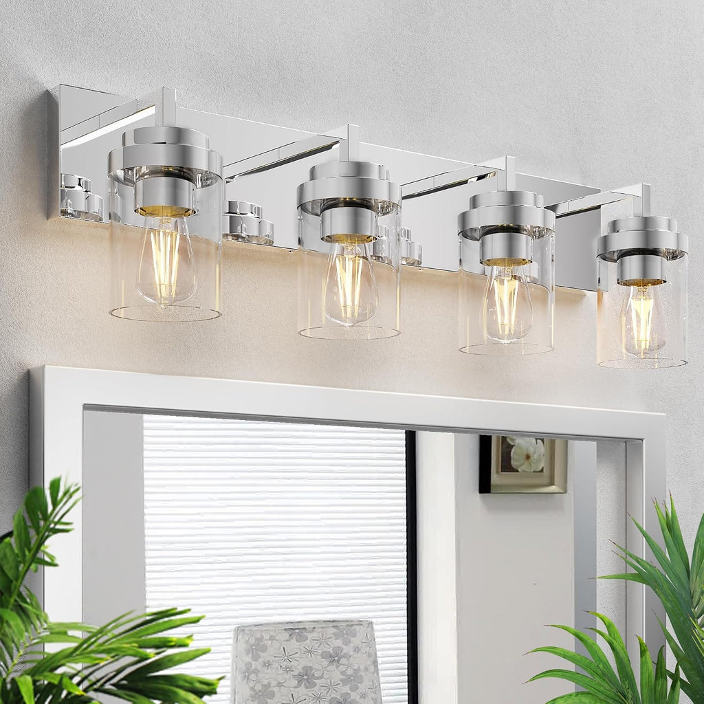 Chrome Light Fixtures, 4 Light Bathroom Vanity Light with Clear Glass Shade, 30 in Modern Vanity Light, Bathroom Lighting Fixtures Over Mirror for Living Room