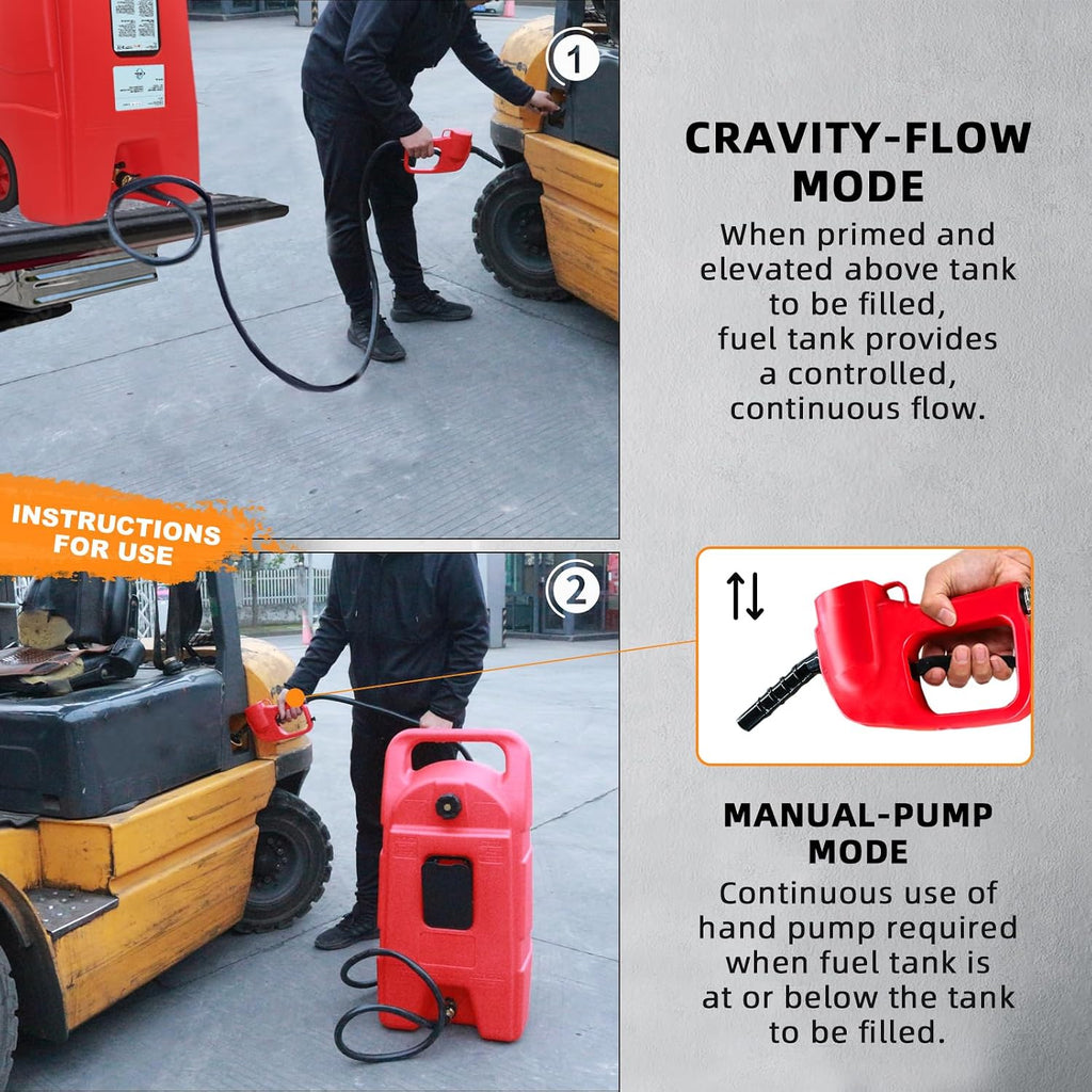 Fuel Gas Caddy with 10ft Delivery Hose, 15 Gallon Portable Gas Tank with Manual Transfer Pump, Diesel Fuel Storage Tank with Wheels for ATVs, Cars, Lawn Mowers, Boats, Red, 2PCS