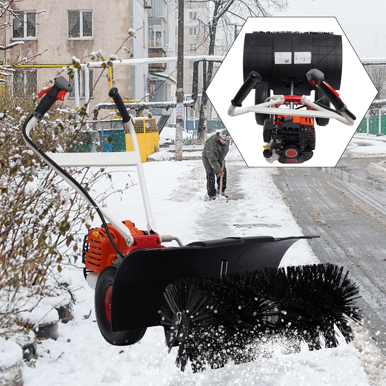 52CC Gas Powered Sweeper Broom 2-Stroke 2.5Hp Hand-Push Artificial Grass Sweeper Walk Behind Lawn Sweeper Snow & Leaves Cleaning Sweeper Broom for Garden Lawn Driveway Walkway| US Stock