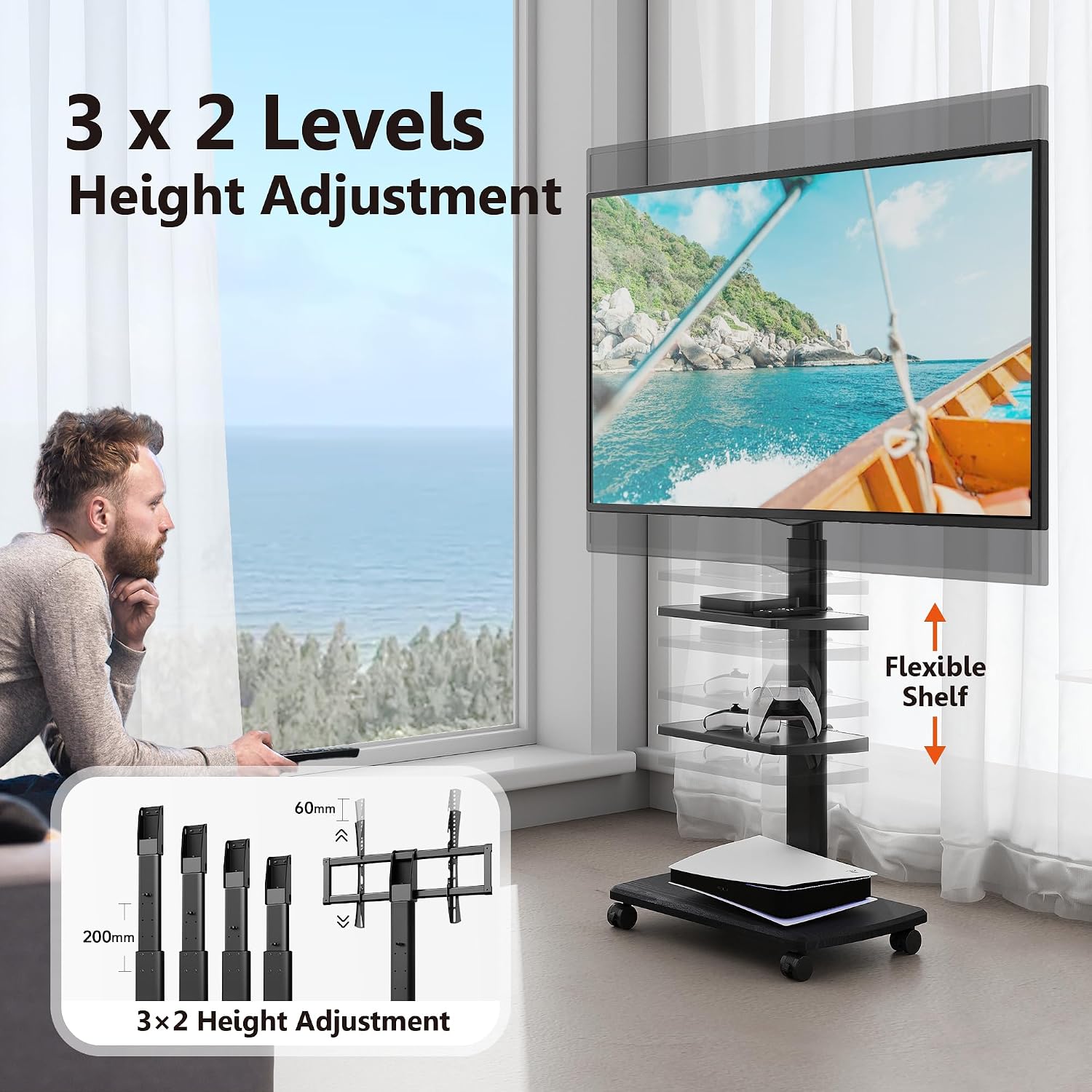 FITUEYES Rolling TV Stand with Power Outlets, Swivel Portable TV Stand for 32-70 Inch LCD LED OLED Flat/Curved Panel Screen TVs, Height Adjustable&Wood Base, Mobile TV Cart with 2 Shelves, Black