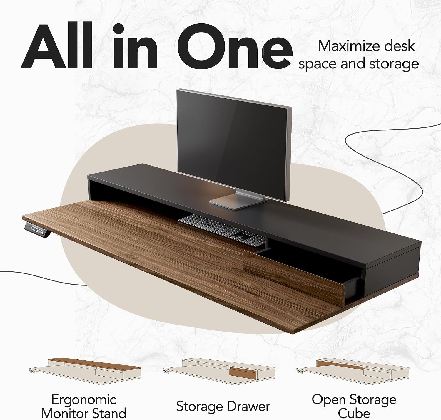 HUANUO Standing Desk with Drawers and File Cabinet, 47 Inch Electric Height Adjustable Desk with Storage, Ergonomic Stand Up Table Compatible with Monitor Stand, Black Walnut