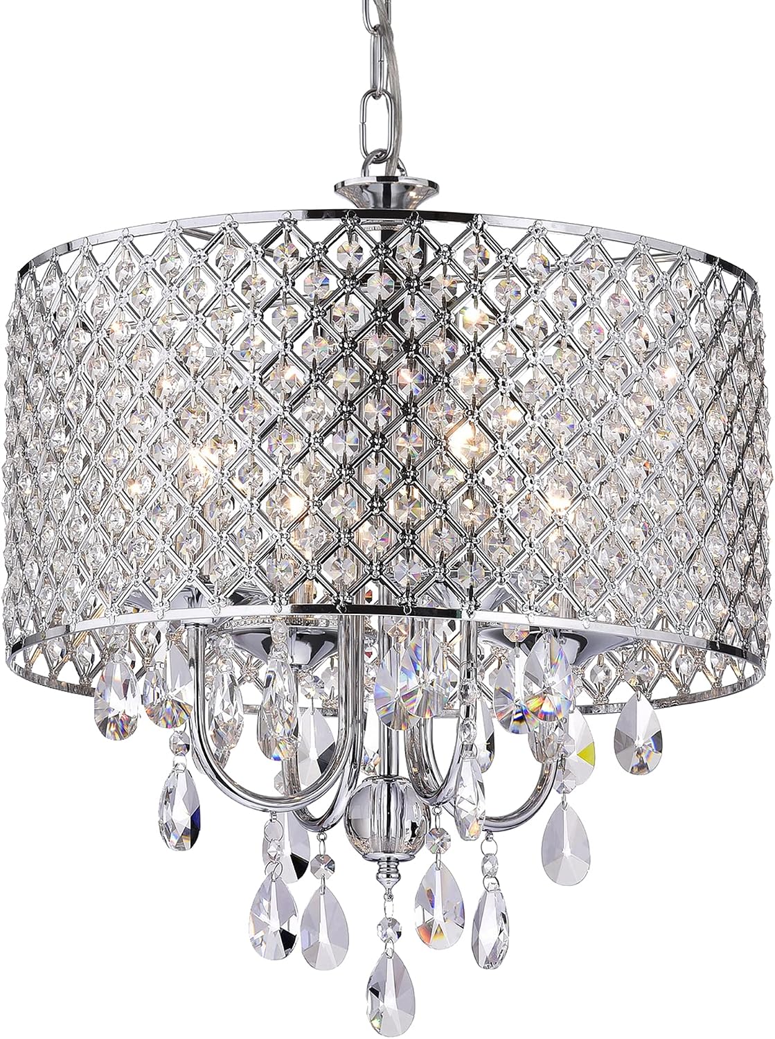 Edvivi Marya 4-Lights Chrome Round Crystal Chandelier Ceiling Fixture | Beaded Drum Shade