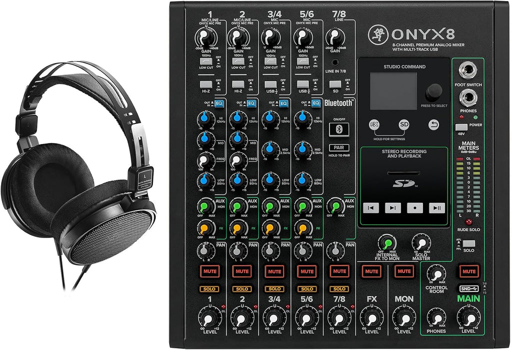 Audiosavings Bundle: Mackie ONYX8 8-Channel Analog Mixer w/Multi-Track USB/3-Band EQ+Bluetooth Bundle with ATH-R30x Professional Open-Back Over-Ear Reference Headphones (2 Items)