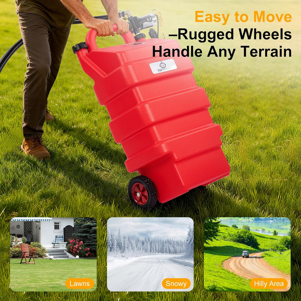 FMCNMech 16 Gallon Portable Fuel Caddy with 12V Electric Pump, Forward & Reverse Fuel Transfer Tank for Gasoline, Diesel, and Kerosene, HDPE Fuel Tank with Wheels for Pickup Trucks, Lawn Mowers, Tractors, ATVs, and Garage Use