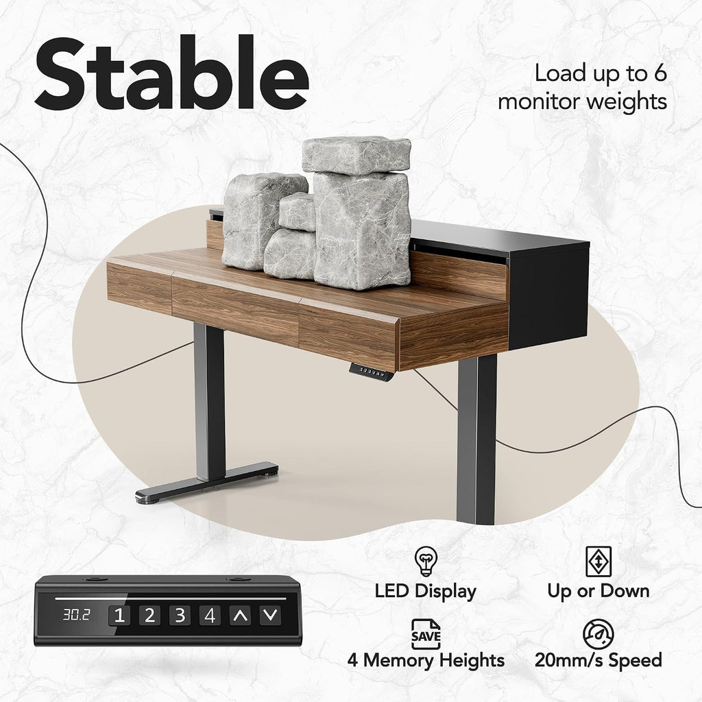 HUANUO Standing Desk with Drawers, 48 Inches Electric Height Adjustable Desk with Storage, Whole-Piece Board Sit Stand Up Desk with Monitor Shelf, Black Walnut