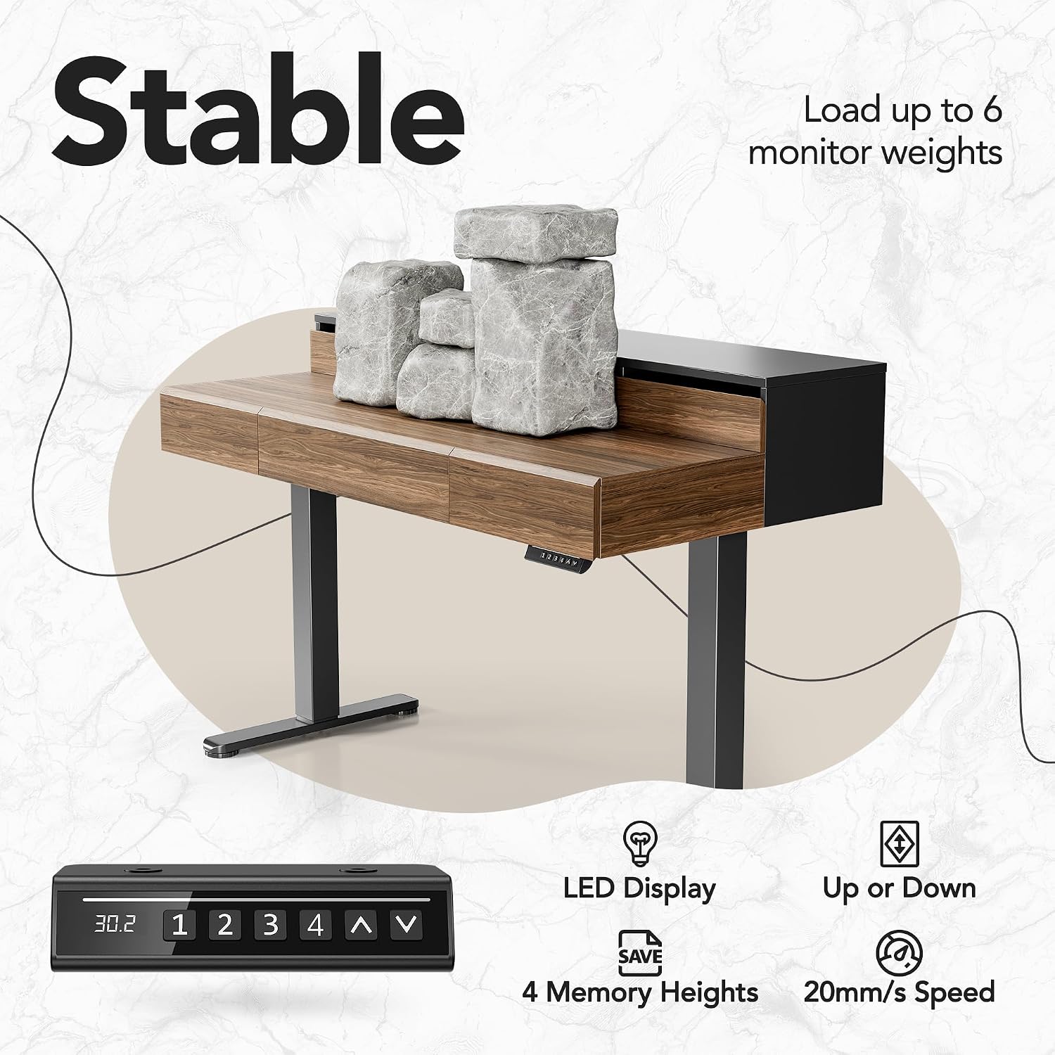 HUANUO Standing Desk with Drawers, 48 Inches Electric Height Adjustable Desk with Storage, Whole-Piece Board Sit Stand Up Desk with Monitor Shelf, Black Walnut