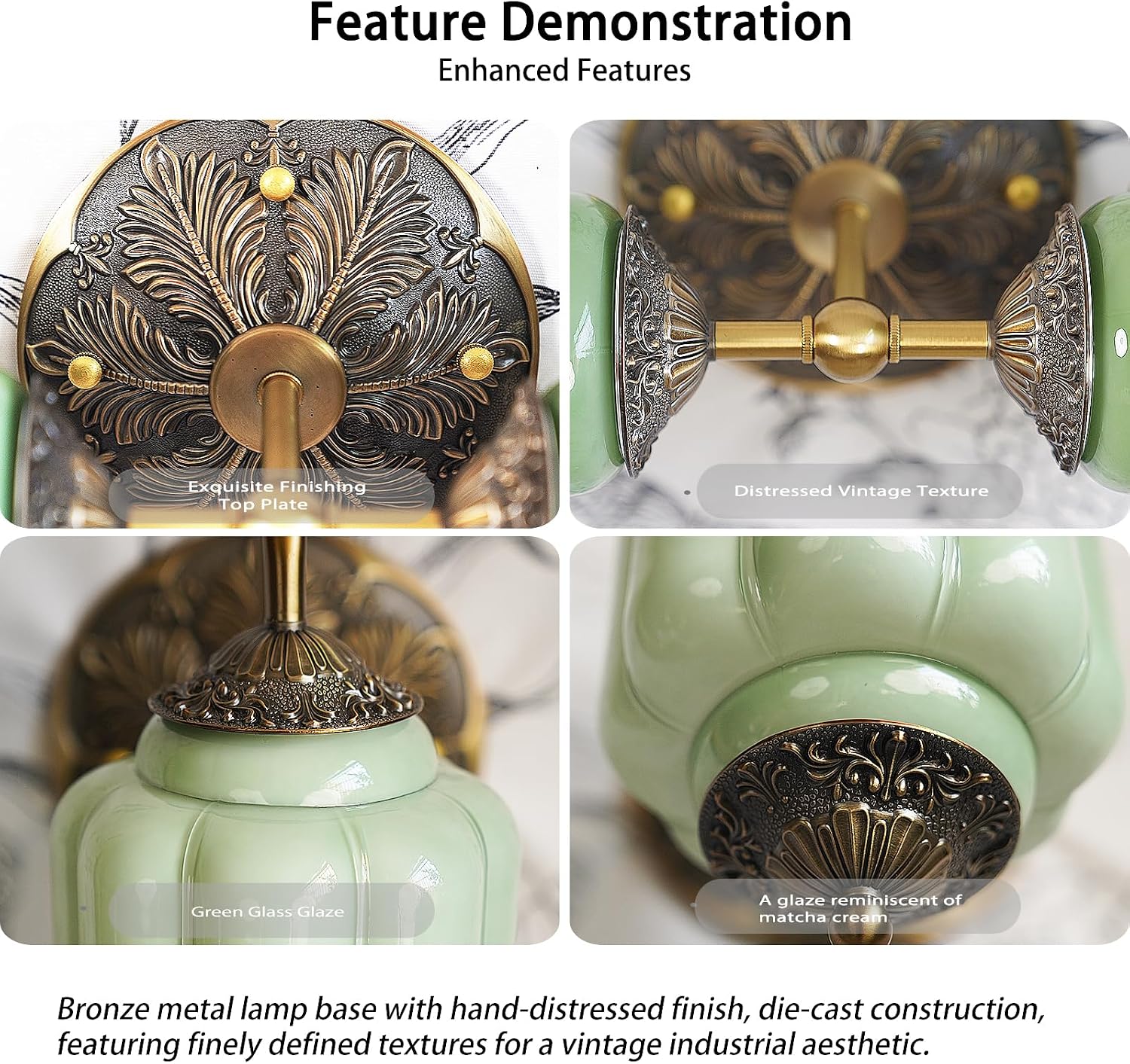 Vintage Milk Glass Bathroom Vanity Light - 2-Light Wall Sconce with Brass Finish Base & Green Glass Shade - Wall Sconce Lighting for Mirror, Kitchen, Living Room, Gallery (Bulbs Included) (Green)