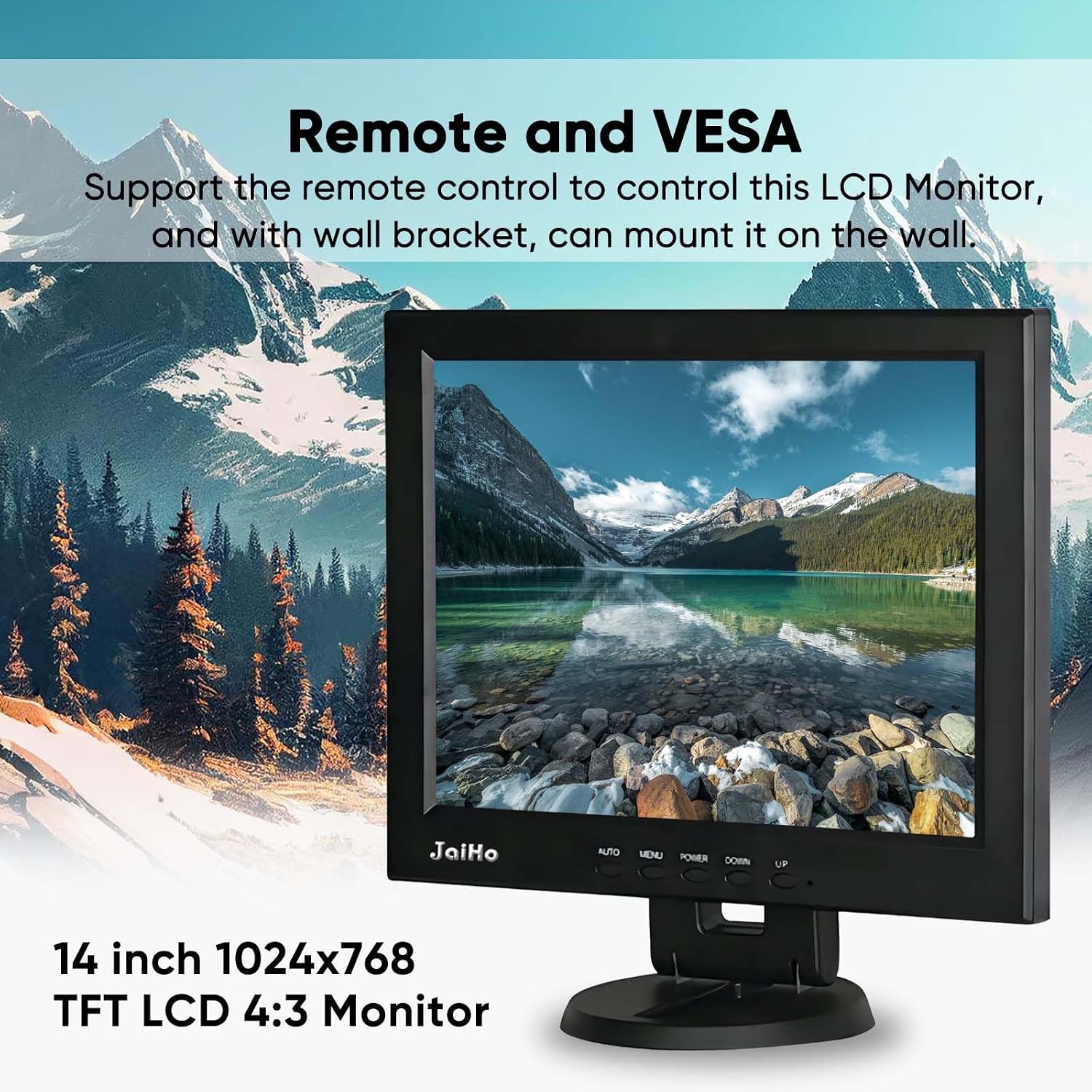 JaiHo 14-Inch 4:3 Security Monitor, 1024x768 No Image Stretching CCTV Screen with Metal Housing, BNC HDMI VGA AV USB Input, Industrial Display with Built-in Speakers Remote Control & VESA Mount