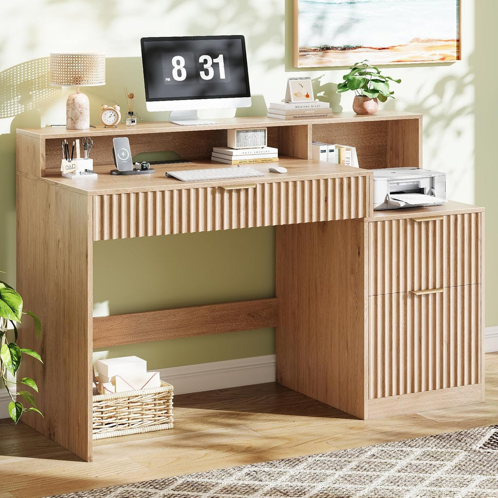 Vabches Fluted Computer Desk with Drawers, Home Office Desk with Power Outlets, Printer Stand and Storage Cabinet, Study Writing Desks with Long Monitor Stand, Oak