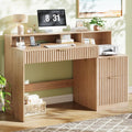 Vabches Fluted Computer Desk with Drawers, Home Office Desk with Power Outlets, Printer Stand and Storage Cabinet, Study Writing Desks with Long Monitor Stand, Oak
