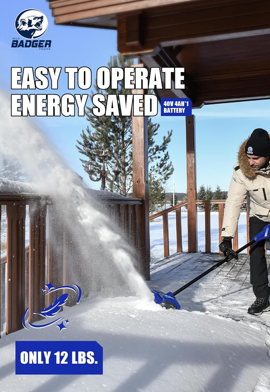 Wild Badger Power 40V Cordless Snow Shovel, 12' Brushless, 20 FT Throw, 8' Depth, 4.0Ah Battery & Fast Charger Included, for Steps, Porches, Walkways & Driveways