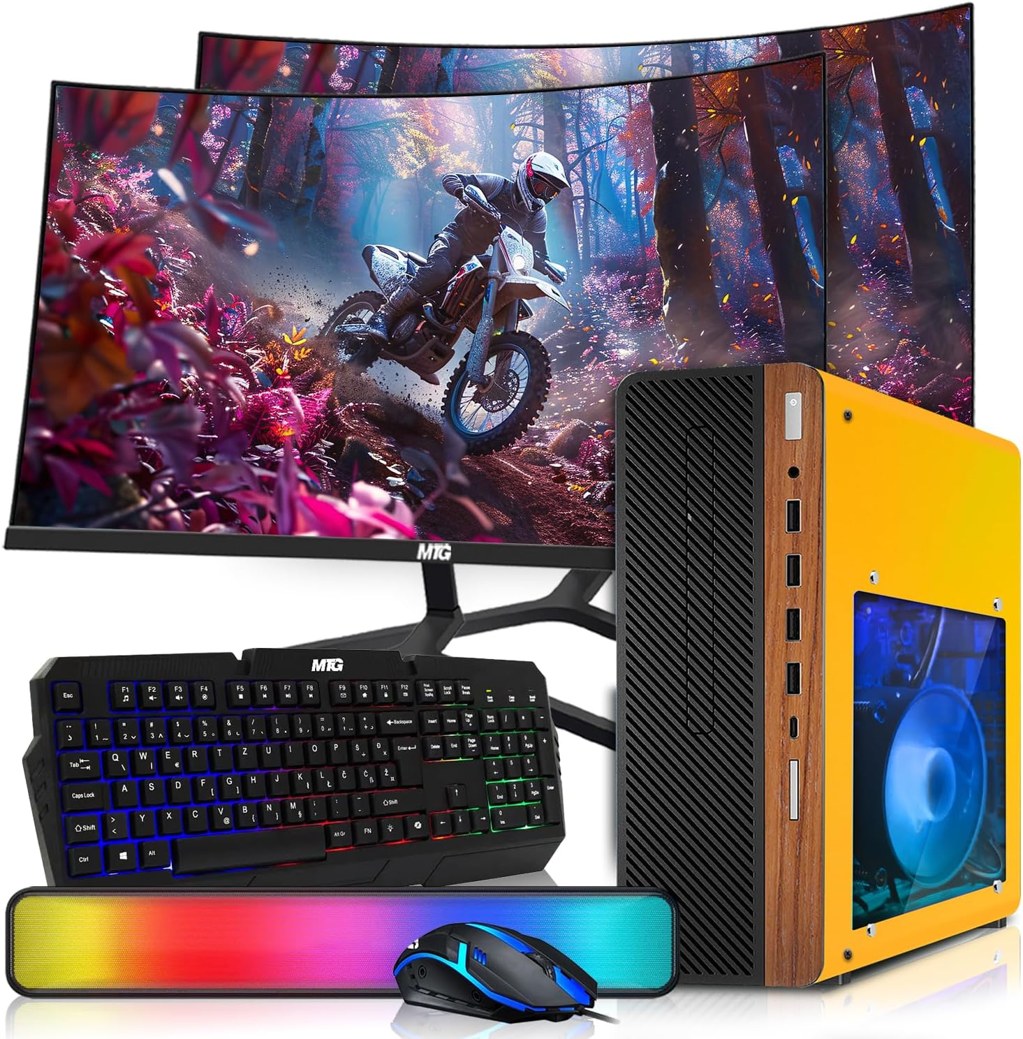 HP Half Dark Desktop Computer PC Lambo AMD A10-9700, 16GB RAM, 1TB SSD, Dual 27 Inch Curved Monitor, RGB KBM with AI Copilot, WiFi, RGB Soundbar, Webcam, Windows 11 (Renewed)