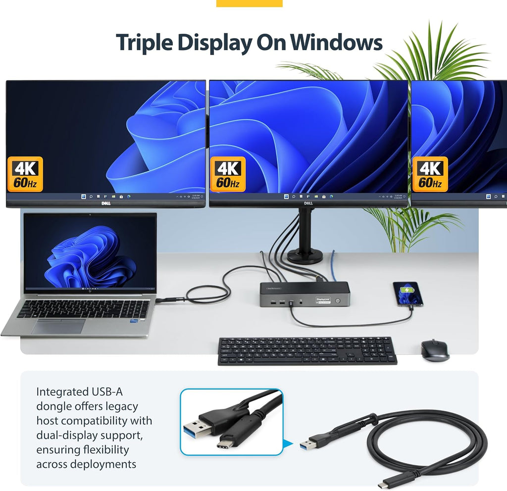 StarTech.com Triple Monitor USB-C Docking Station, 4K 60Hz DisplayLink Dock for MacBook M1 M2 M3 M4 & Windows, 2.5GbE, 2X HDMI & 2X DP, 140W Laptop Charging, USB-C DP Alt Mode - TAA