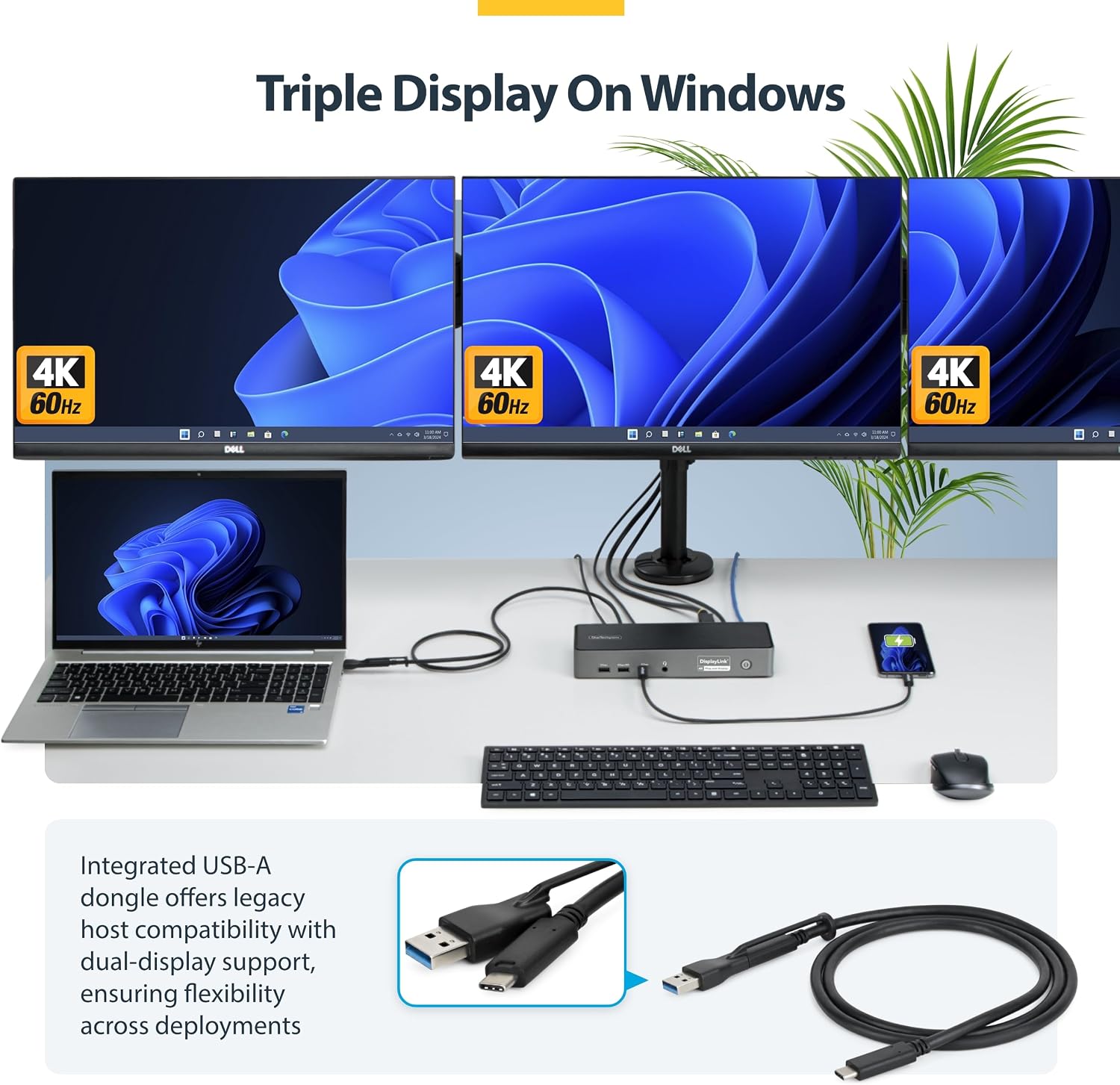 StarTech.com Triple Monitor USB-C Docking Station, 4K 60Hz DisplayLink Dock for MacBook M1 M2 M3 M4 & Windows, 2.5GbE, 2X HDMI & 2X DP, 140W Laptop Charging, USB-C DP Alt Mode - TAA