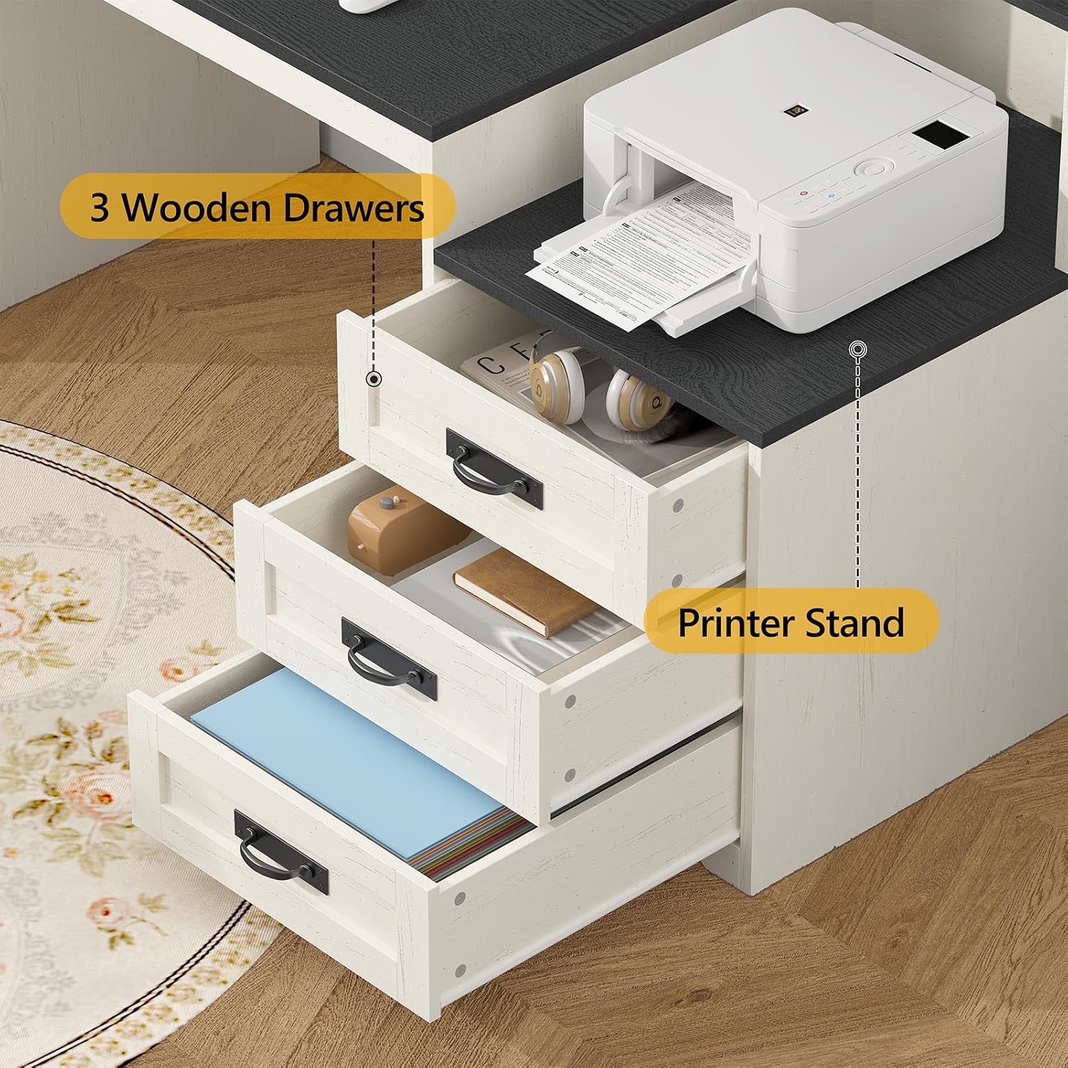 TVU Farmhouse Computer Desk with Drawers, 65'' Home Office Desk with Power Outlets, Storage Cabinet and Printer Stand, Study Writing Desks with Long Monitor Stand, Black and White