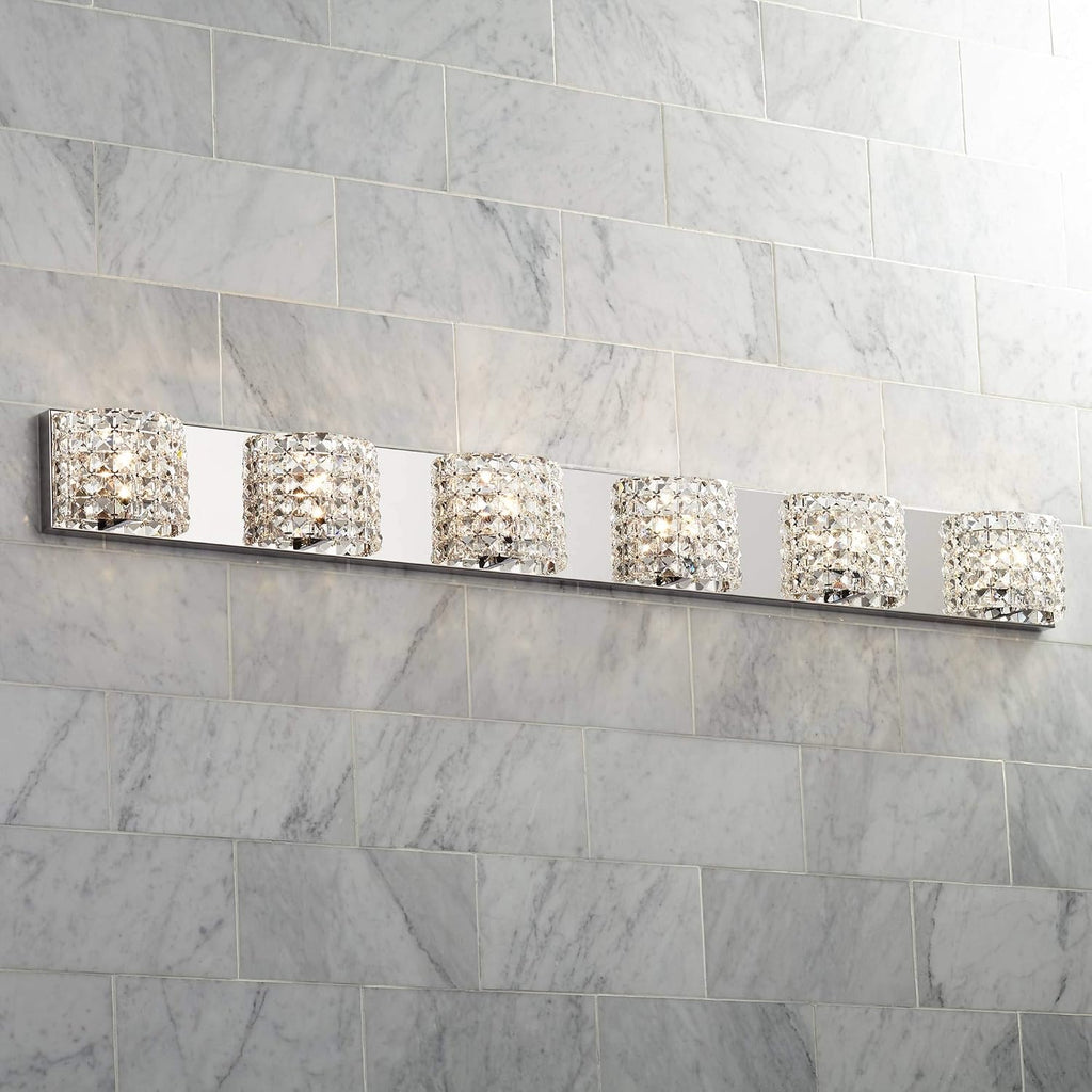 Vienna Full Spectrum Cesenna Modern Wall Light Chrome Silver Metal Hardwired 55' Wide 6-Light Fixture Mounted Clear Crystal Shades for Bathroom Vanity Mirror House Home Hallway Room Decor