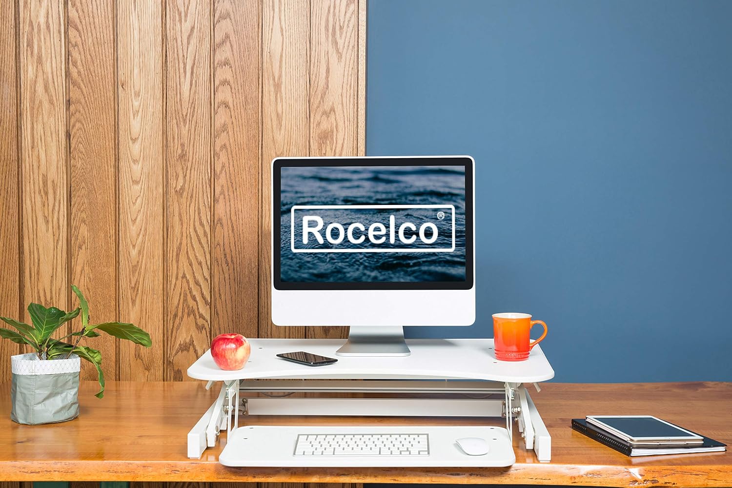 Rocelco 32' Height Adjustable Standing Desk Converter - Sit Stand Computer Workstation Riser - Dual Monitor Retractable Keyboard Tray Gas Spring Assist - Black (R EADRW)