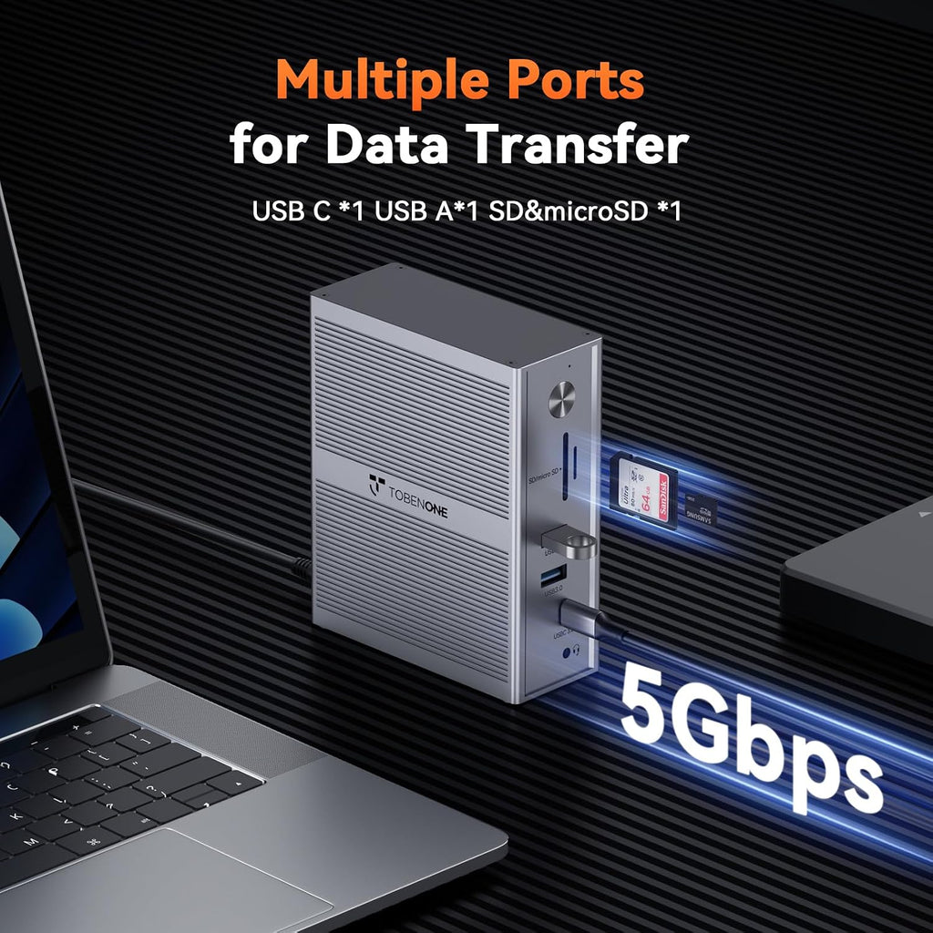 TobenONE USB C Docking Station for 3 Monitors 4K, Triple Monitor DisplayLink Dock with 120W Power Adapter, for MacBook M1-M5/Mac mini/Windows/Chrome, 3x HDMI, 5x USB, Gigabit Ethernet, Driver Required