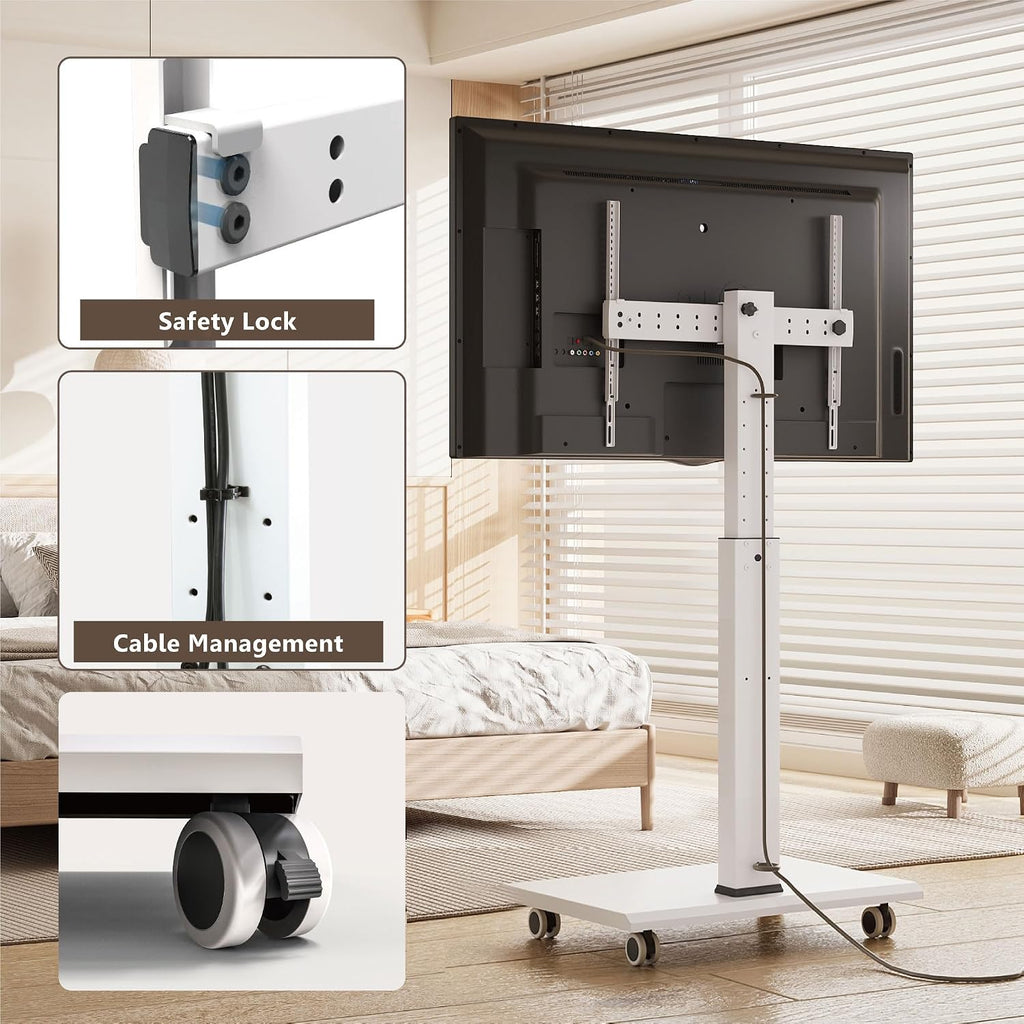 FITUEYES Rolling TV Stand - Portable Mobile TV Cart on Wheels for 32 to 65 70 75 Inch TVs, Landscape to Portrait Rotating and 40°Swivel, Height Adjustable TV Cart Rolling TV Stand Hold Up to 88 Lbs