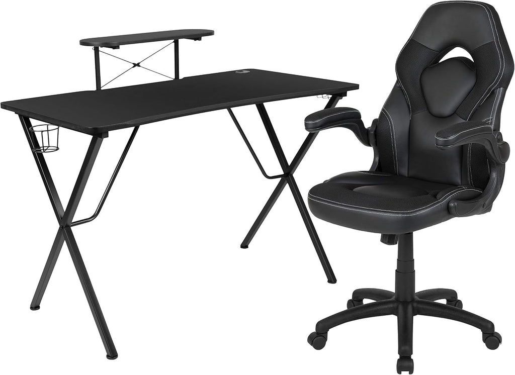 Flash Furniture Black Gaming Desk and Black Racing Chair Set with Cup Holder, Headphone Hook, and Monitor/Smartphone Stand