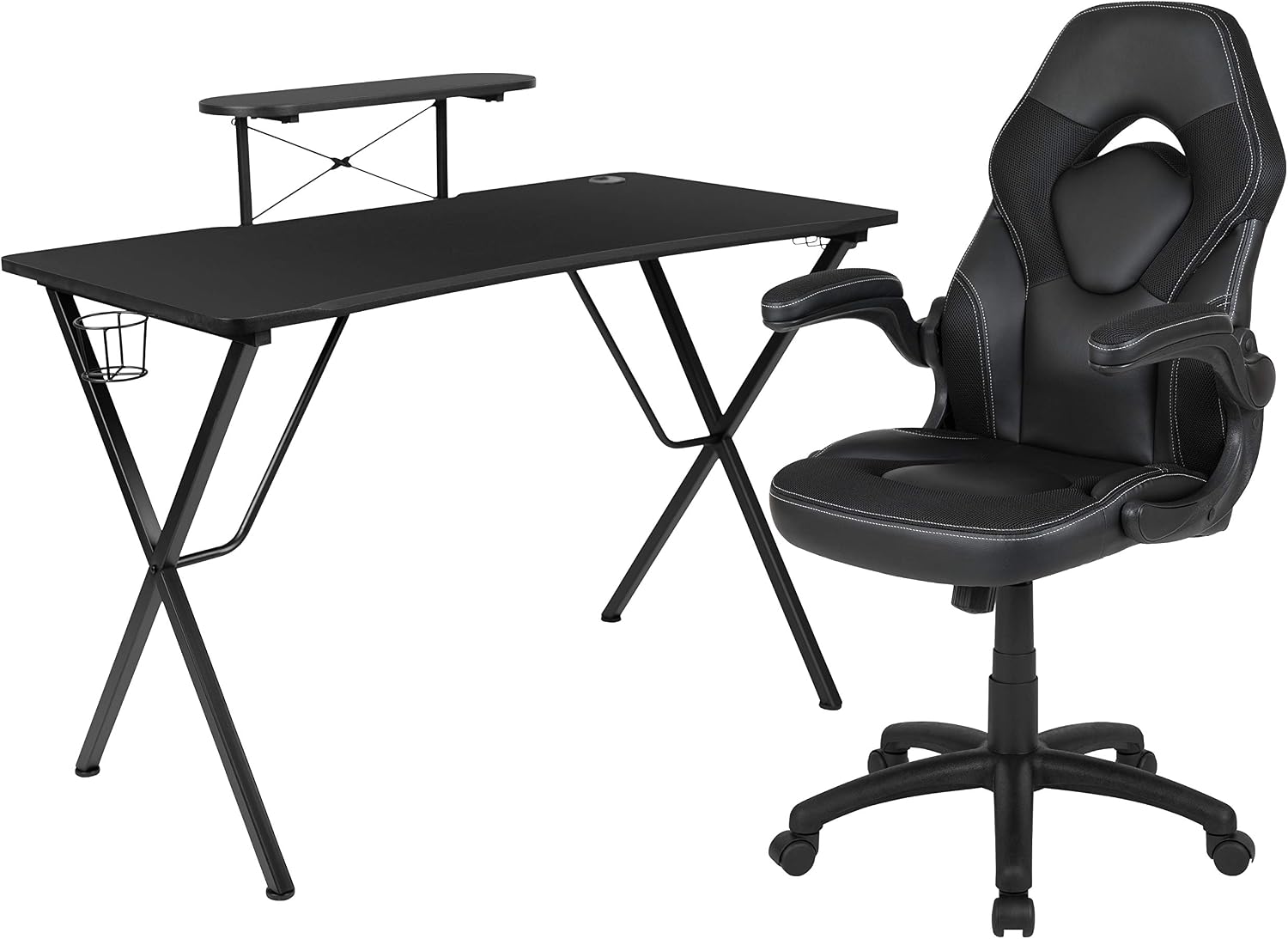 Flash Furniture Black Gaming Desk and Black Racing Chair Set with Cup Holder, Headphone Hook, and Monitor/Smartphone Stand
