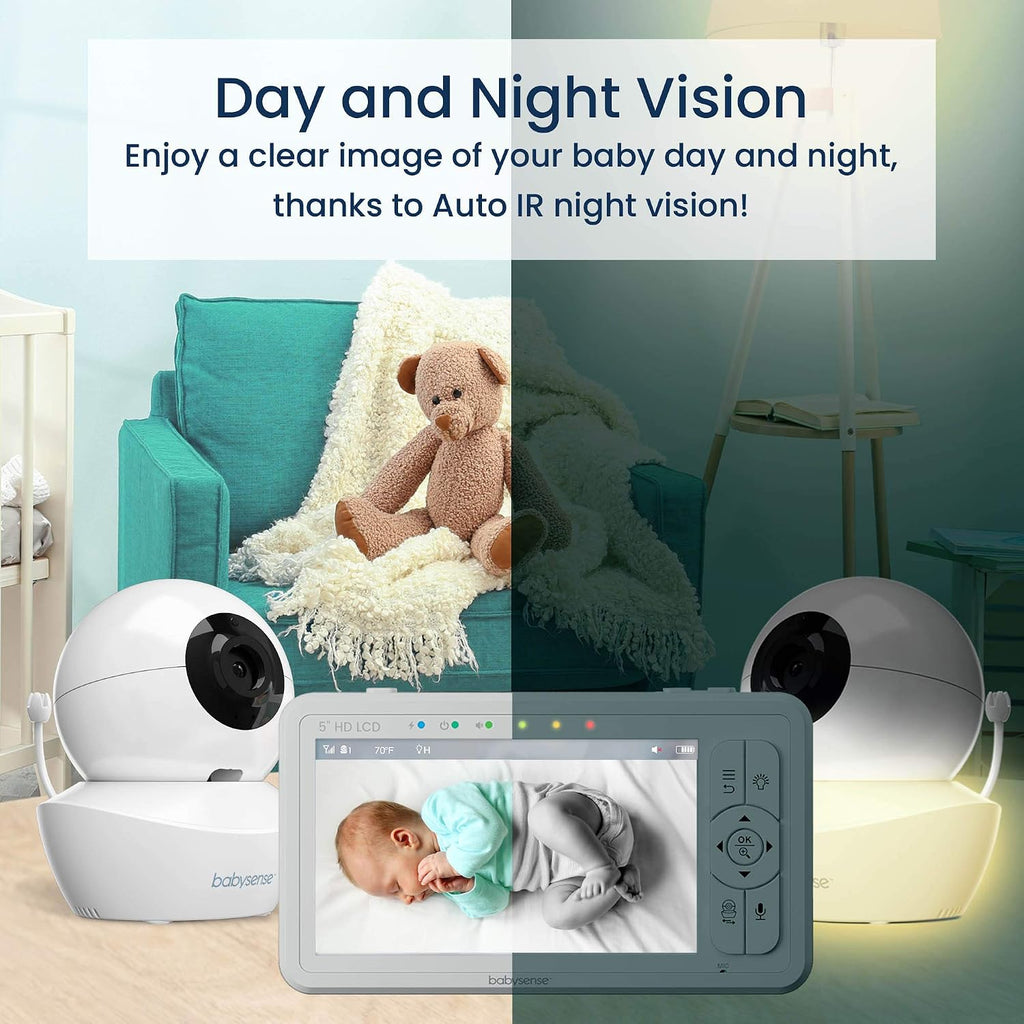 Babysense 3 in 1 Video Baby Monitor with 2 HD Cameras & 5' HD Display Bundled with 2 Smart Baby White Noise Sound and Light Machines for Multiple-Children Monitoring
