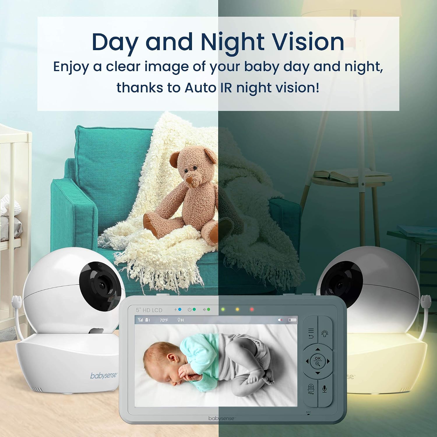 Babysense 3 in 1 Video Baby Monitor with 2 HD Cameras & 5' HD Display Bundled with 2 Smart Baby White Noise Sound and Light Machines for Multiple-Children Monitoring