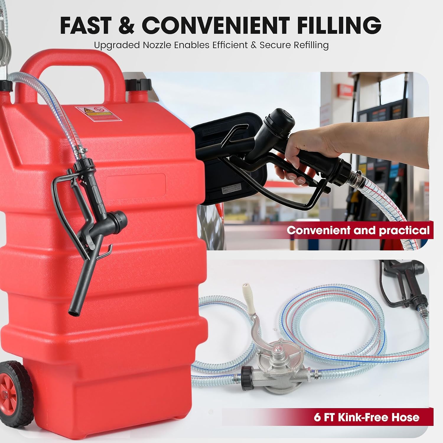 16 Gallon Fuel Caddy, Portable Gas Storage Tank with Manual Transfer Pump, Hose & 2 Wheels, Gasoline Diesel Fuel Container for Cars, ATVs, Boats, Lawn Mowers, Red