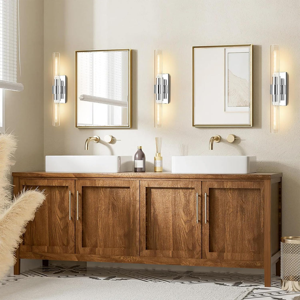 Wall Sconces Set of 2, 22.8' Chrome Bathroom Sconces, Indoor Sconces Lighting with Glass, Nickel Vanity Lights with Tube, Dimmable Bedroom Bedside Wall Light for Dressing Table Staircase
