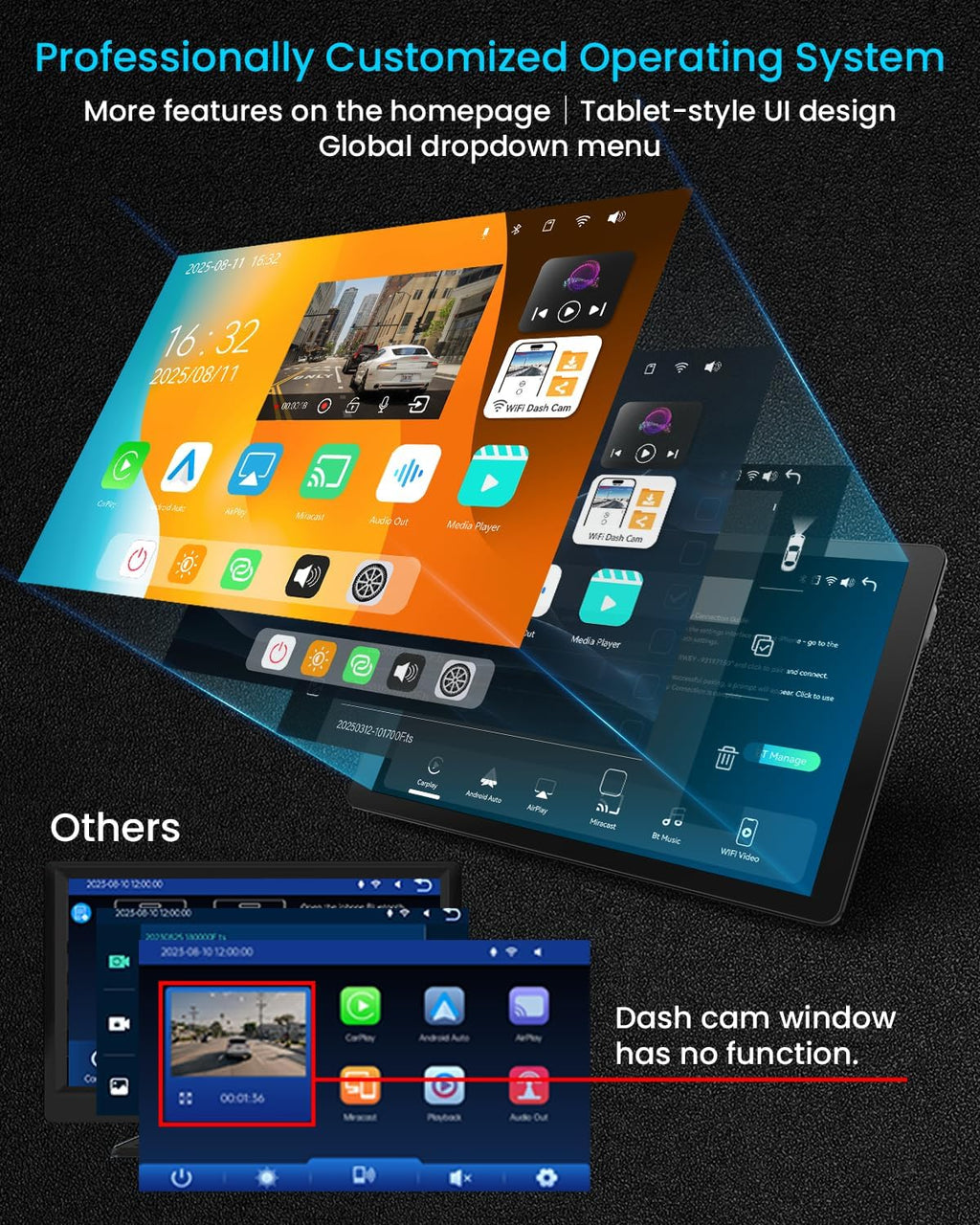 11' Extra Large Wireless Apple CarPlay Screen for Car – Ultra-Slim 0.16 Inch Touchscreen Car Stereo with Android Auto, 4K Dash Cam, 1080p Backup Camera, GPS, Mirror Link, Voice Control