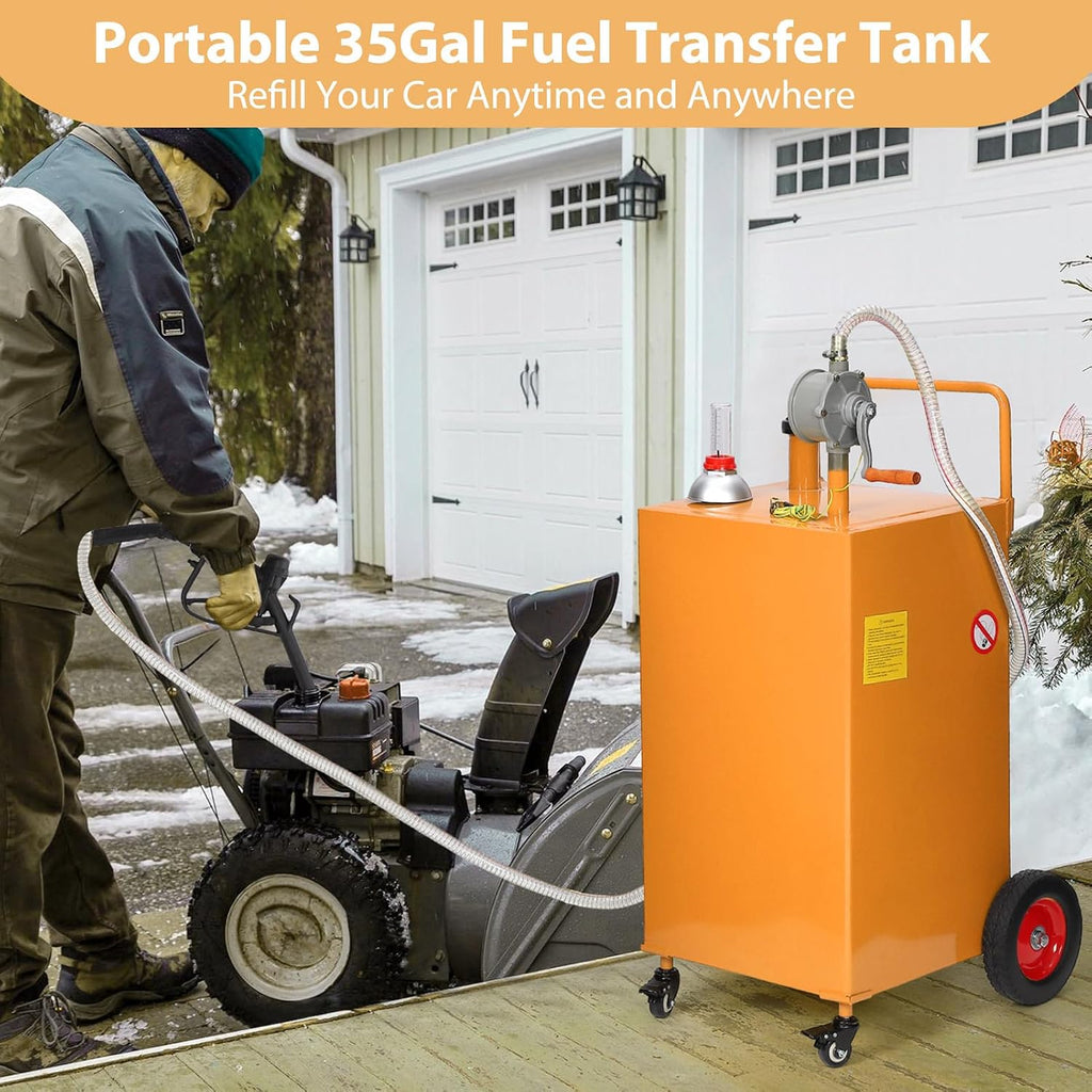 Garvee 35 gal Fuel Caddy with Manual Pump – Heavy Duty Gasoline & Diesel Transfer Tank On 4 Wheels, Spill-Proof Portable Fuel Container for Boat, Truck, Lawn Mower, ATV, Garage & Farm – Orange