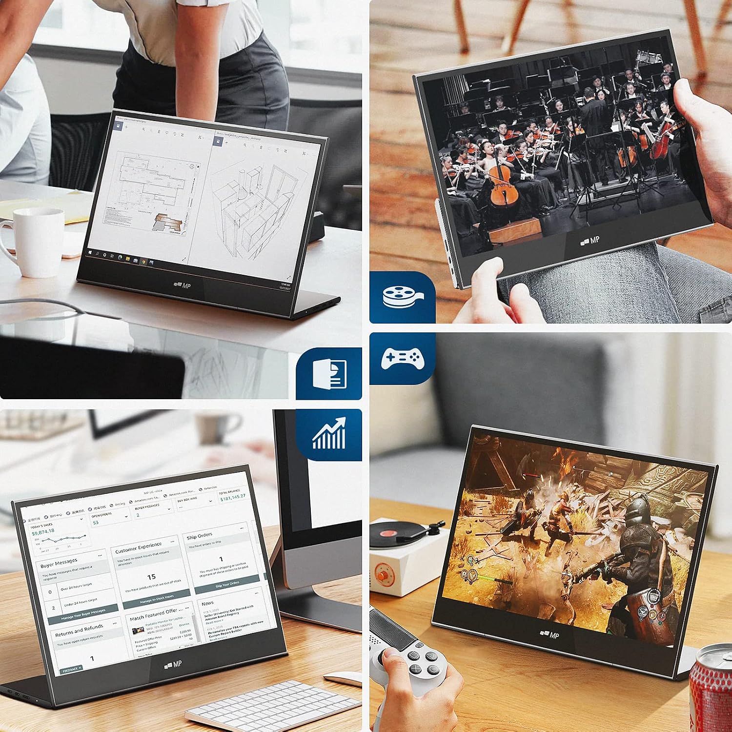 Mobile Pixels Glance 16' 1080P FHD Travel Monitor for Laptop, Portable Monitor HDMI USB Type C Connection, Tilt Adjustment & Non-Slip Portable Computer Screen with Dual Speakers for PC, macOS, Windows