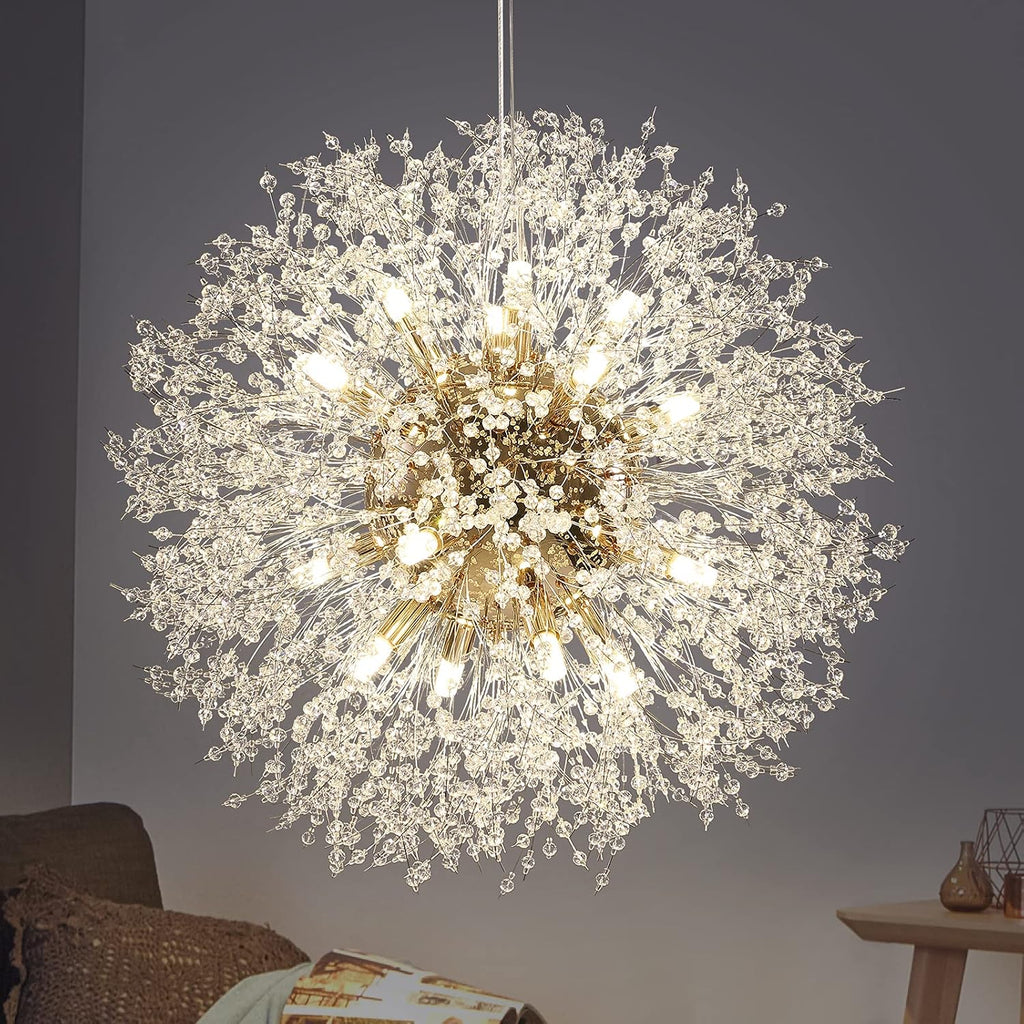 Lingkai 23.6' Gold Modern Crystal Chandeliers Firework, Bubble Chandelier Lighting for Bathroom Dining Room Bedroom Kitchen Island Living Room Light Fixture, 16-Light Gold Hanging Round Chandalier