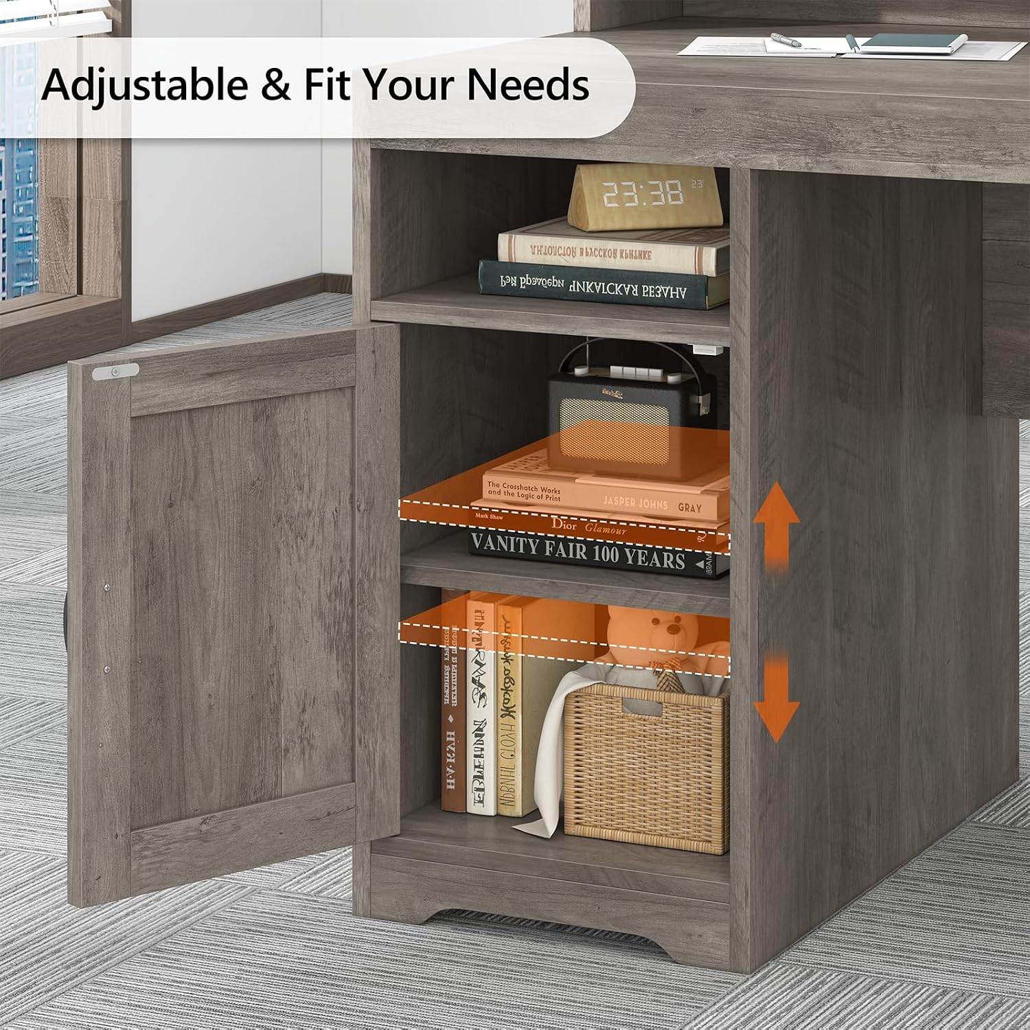 TVU Farmhouse Computer Desk with Drawers, 65'' Home Office Desk with Power Outlets, Storage Cabinet and Printer Stand, Study Writing Desks with Long Monitor Stand, Grey