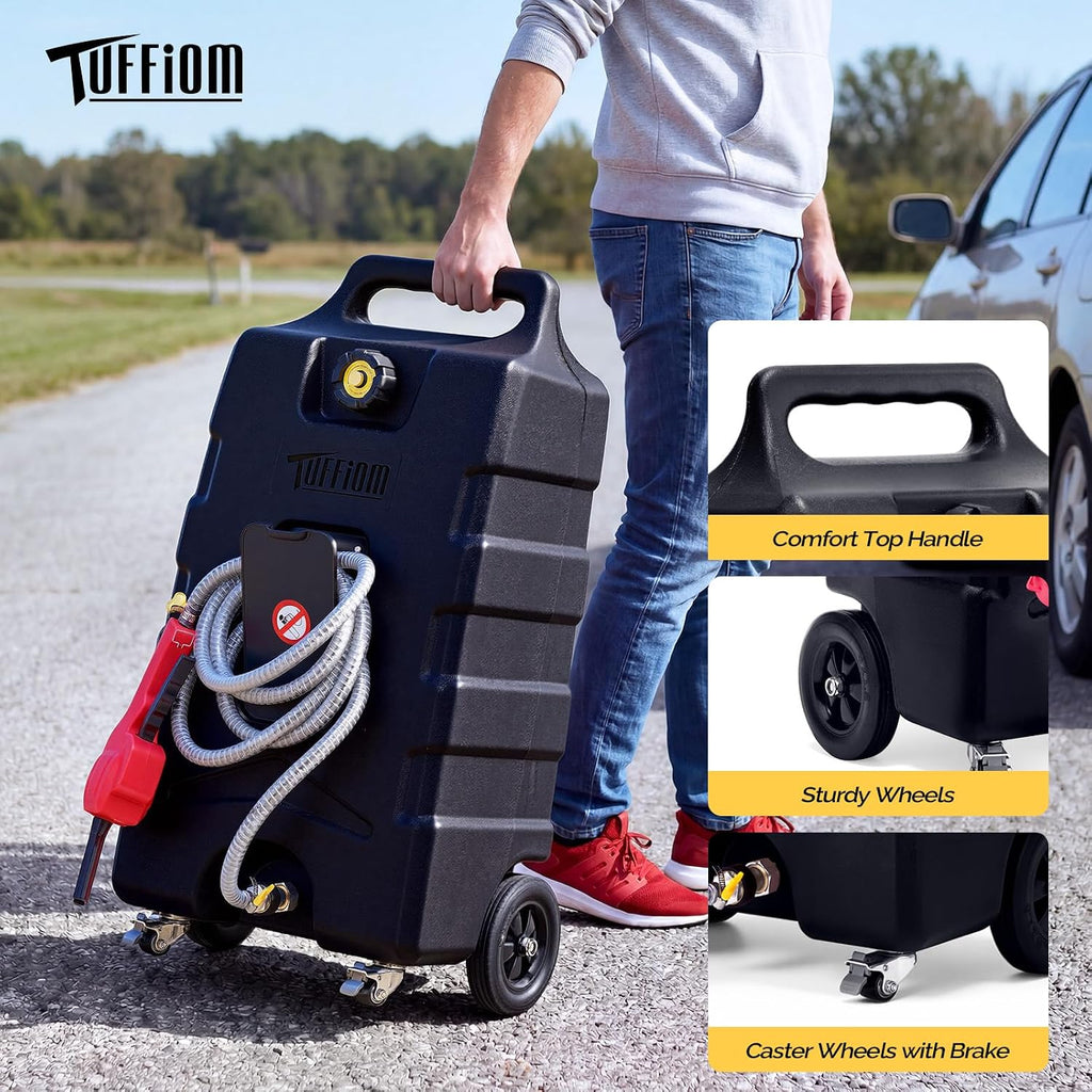 TUFFIOM 15 Gallon Portable Gas Caddy with Locking Swivel Casters, Fuel Storage Tank, Gasoline Diesel Can w/Manual Fuel Transfer Pump for Automobile ATV Mower Tractor Boat Motorcycle