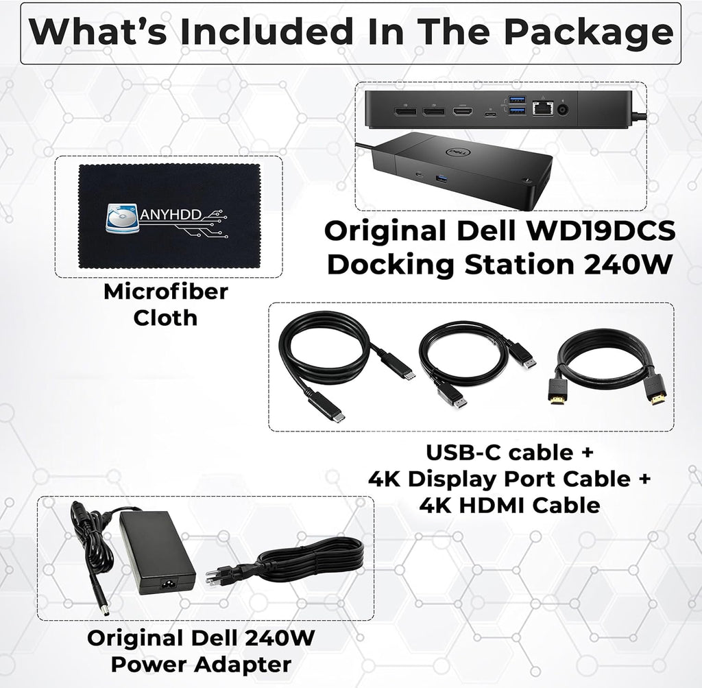 WD19DCS Dell Docking Station Dual Monitor - 4K Display, USB-C Performance Dock with 240W Adapter, HDMI, DisplayPort, USB-C Cables & Cloth (Renewed)