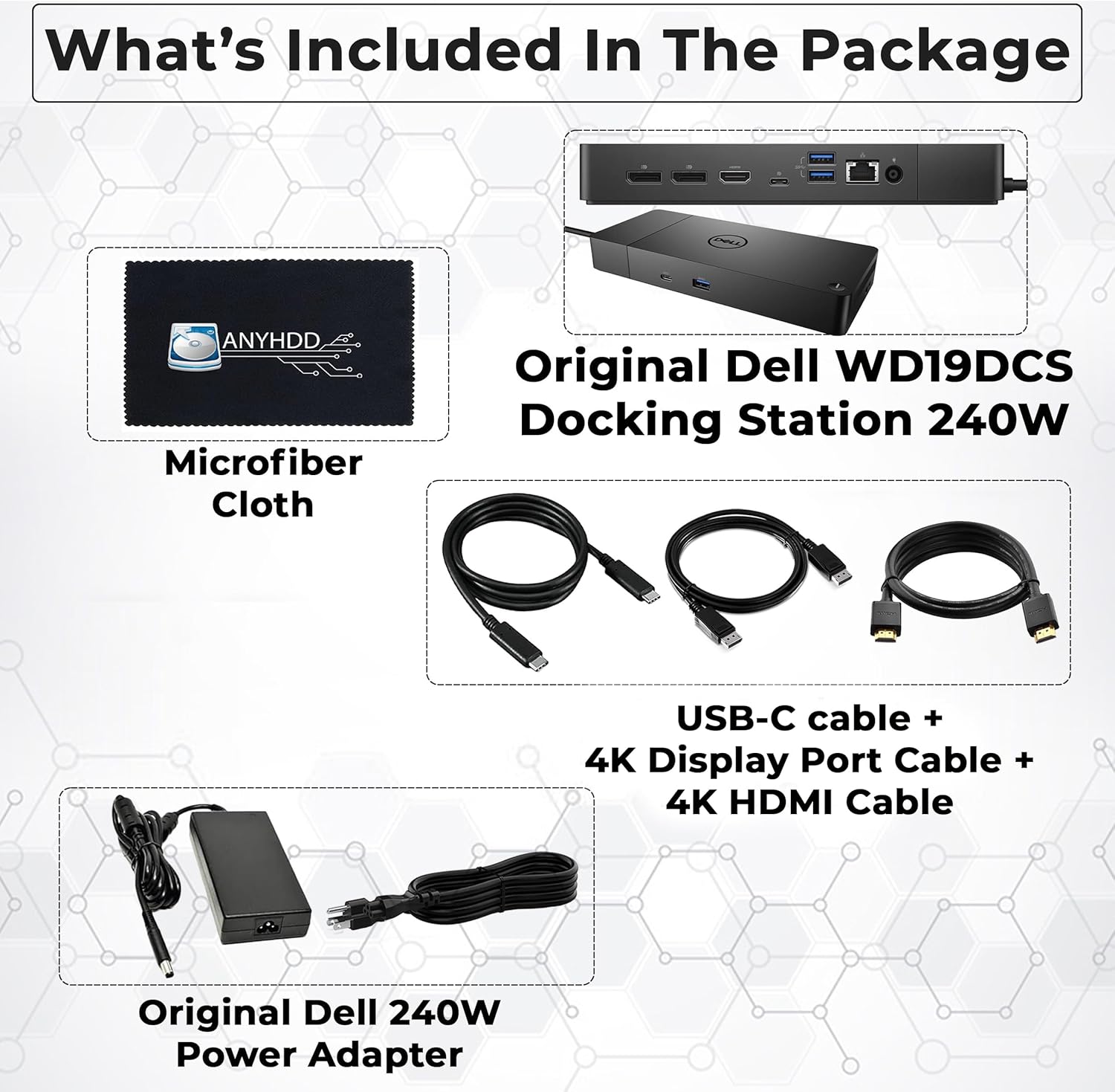 WD19DCS Dell Docking Station Dual Monitor - 4K Display, USB-C Performance Dock with 240W Adapter, HDMI, DisplayPort, USB-C Cables & Cloth (Renewed)