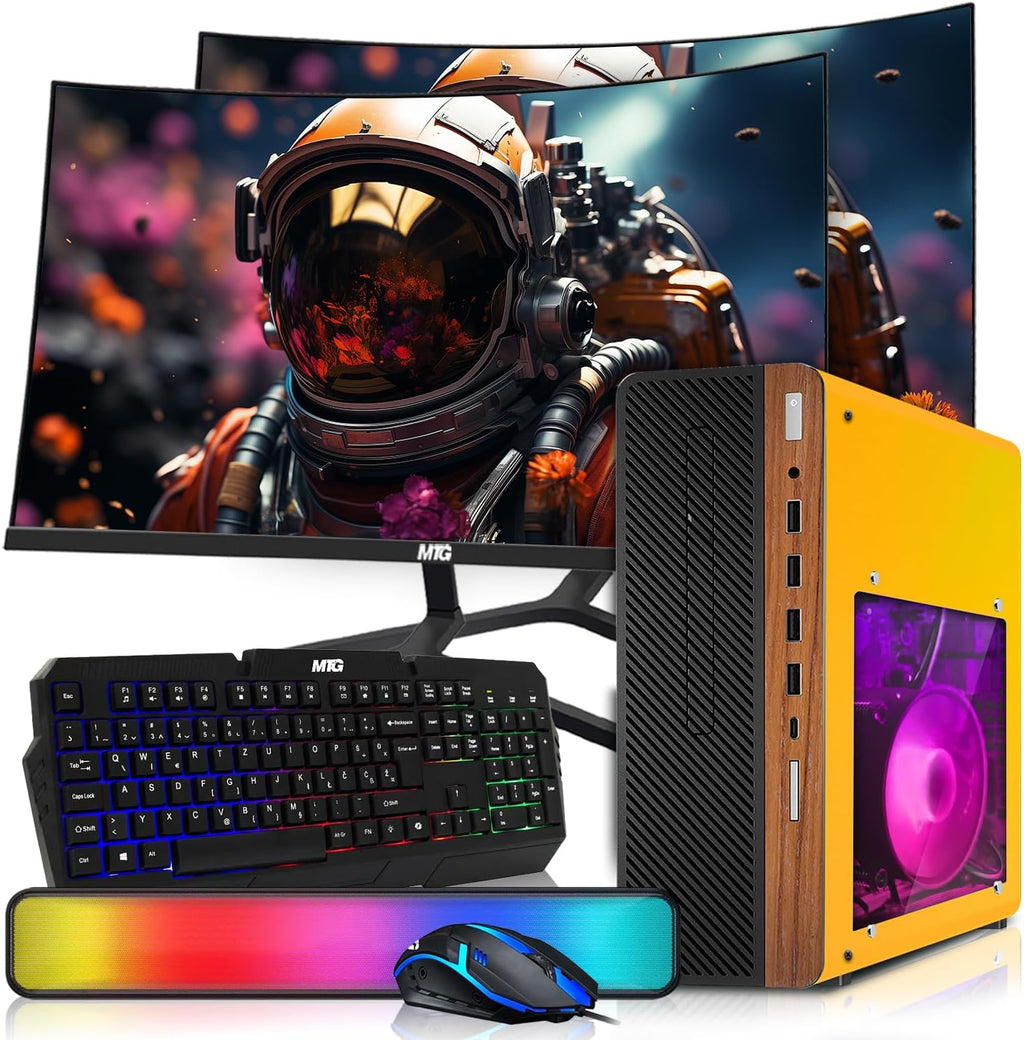 HP Half Dark Desktop Computer PC Lambo AMD A10-9700, 16GB RAM, 1TB SSD, Dual 24 Inch Curved Monitor, RGB KBM with AI Copilot, WiFi, RGB Soundbar, Webcam, Windows 11 (Renewed)