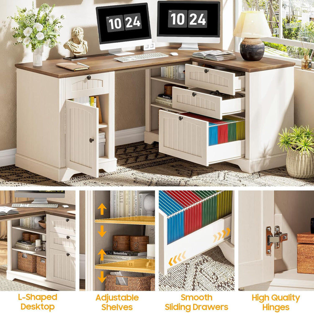 Farmhouse L Shaped Desk with Drawers, 56 Inch Executive Desk with File Drawer and Storage Cabinet, Wooden Corner Computer Desk with Power Strip for Home Office Work and Study, Rustic White and Walnut