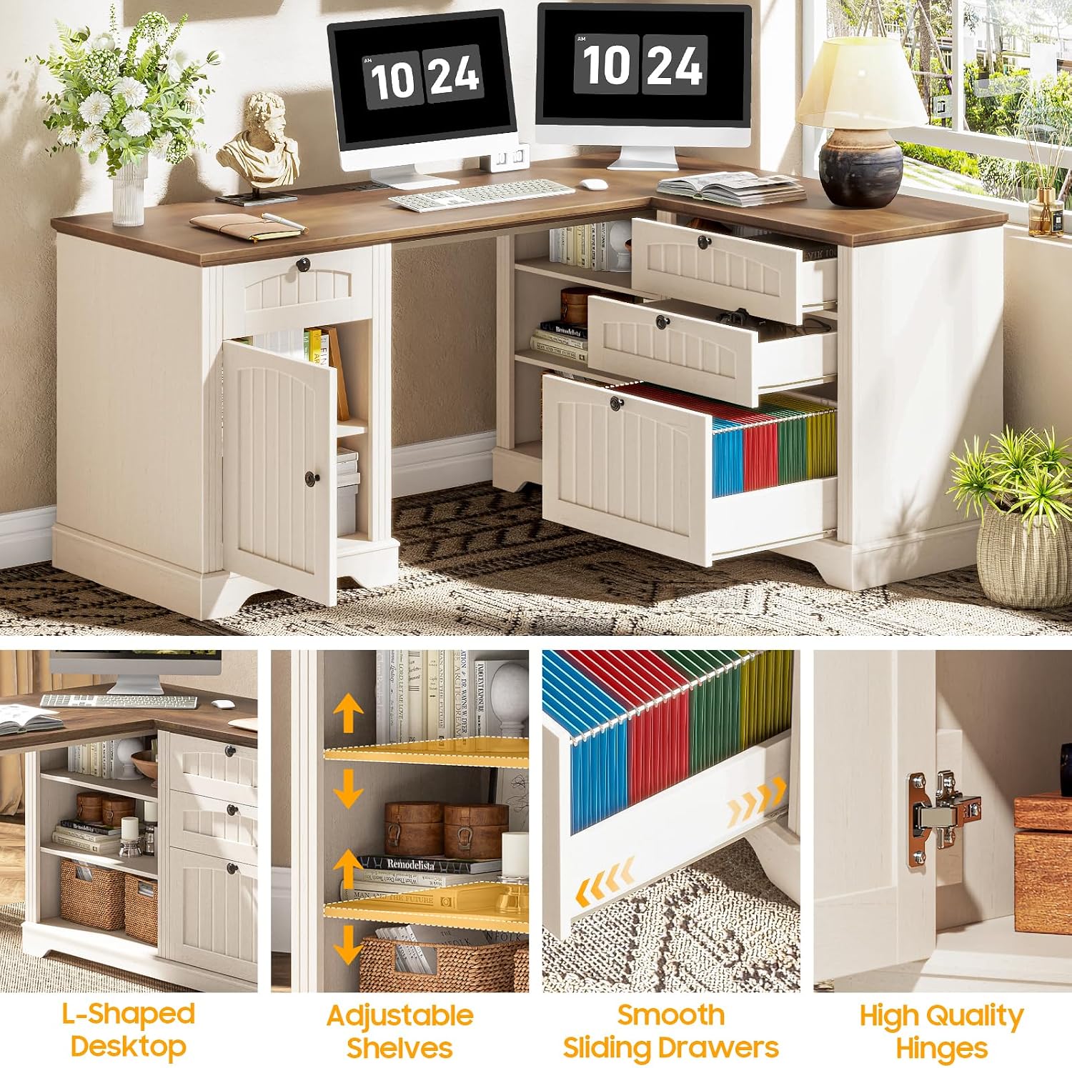Farmhouse L Shaped Desk with Drawers, 56 Inch Executive Desk with File Drawer and Storage Cabinet, Wooden Corner Computer Desk with Power Strip for Home Office Work and Study, Rustic White and Walnut