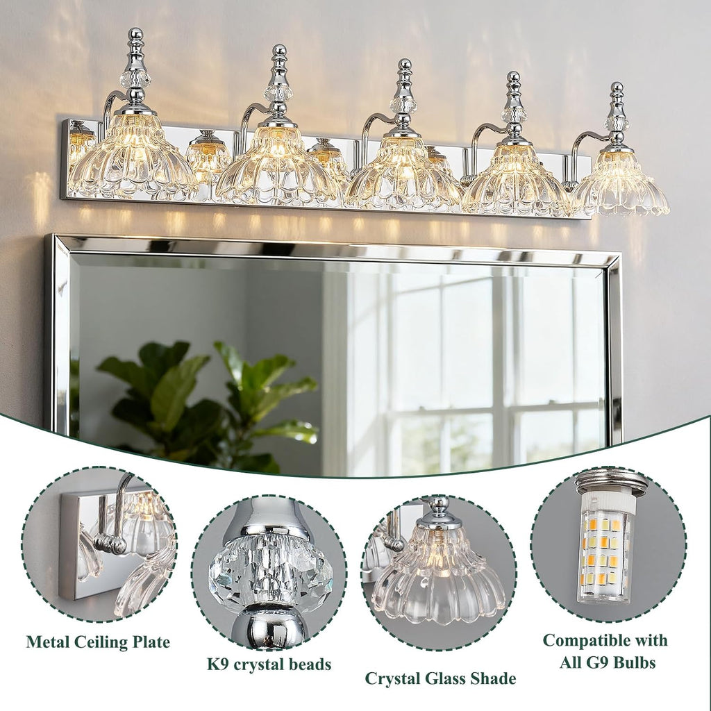 Vintage Bathroom Vanity Light, 5-Light Chrome Vanity Lighting Fixture with Flower Glass Shade, Bathroom Lighting Fixtures Over Mirror
