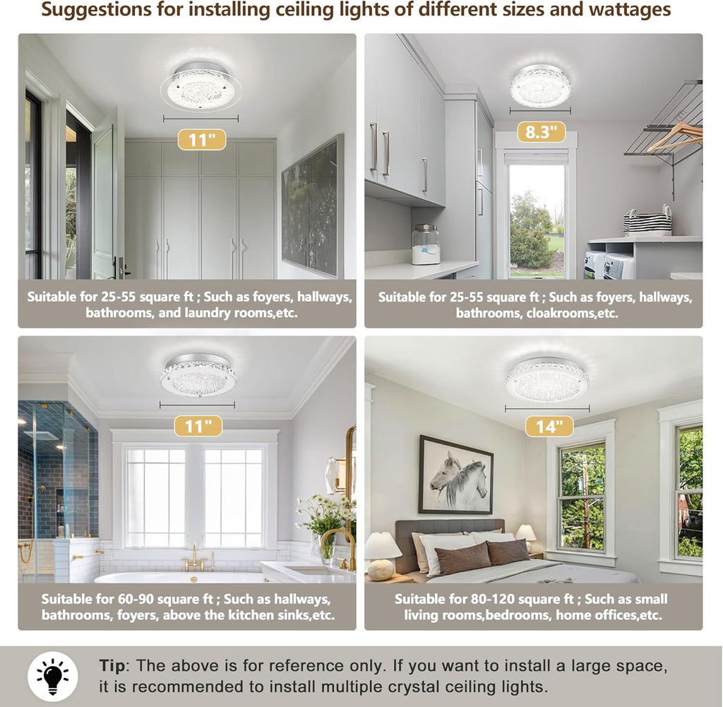 Crystal Ceiling Light 3000/4000/5000K Crystal Ceiling Mounted Light Dimmble LED Chandelier for Hallway Dinning Room Bathroom Bedroom Hallway Entrance 14''