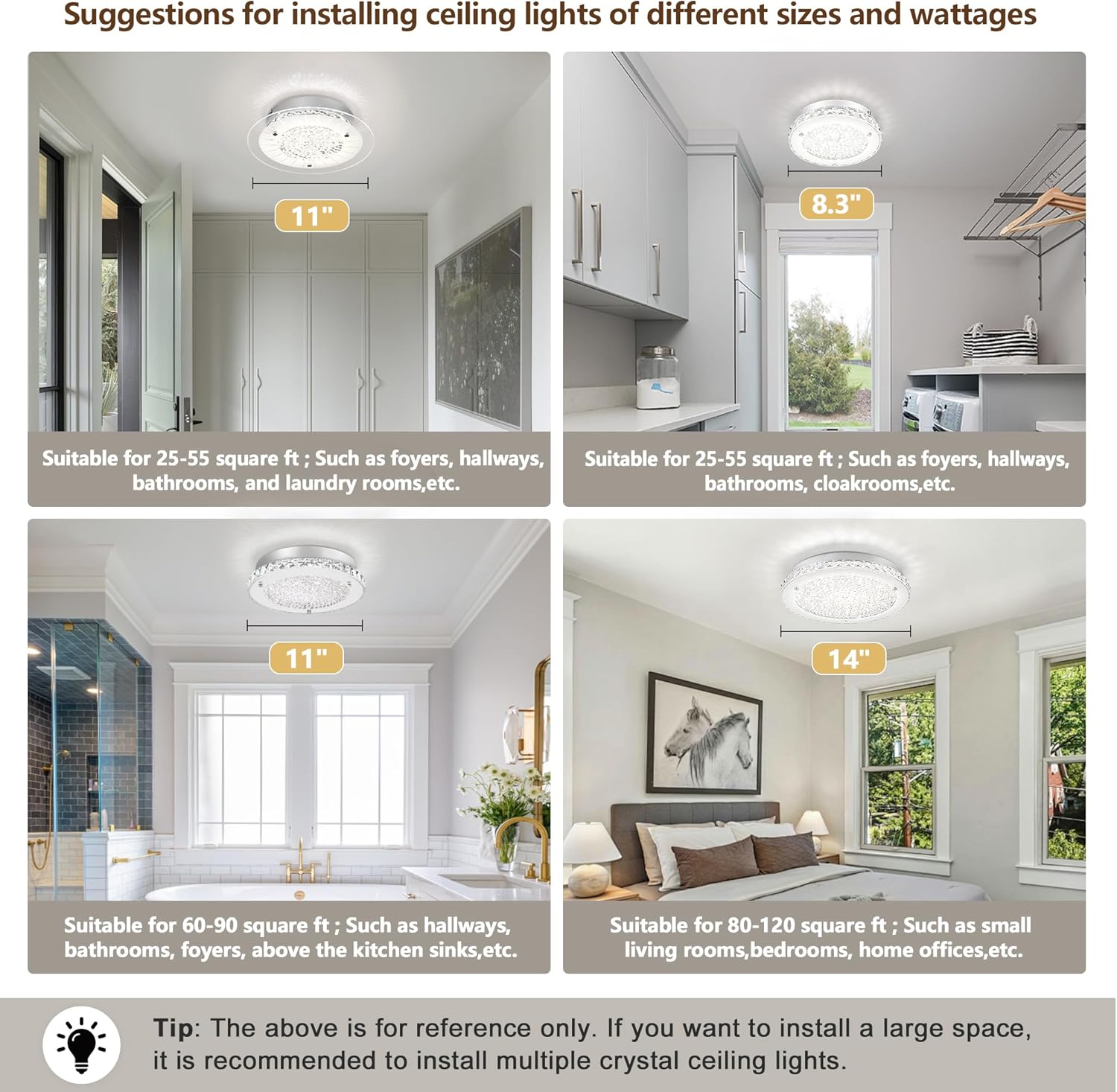 Crystal Ceiling Light 3000/4000/5000K Crystal Ceiling Mounted Light Dimmble LED Chandelier for Hallway Dinning Room Bathroom Bedroom Hallway Entrance 14''
