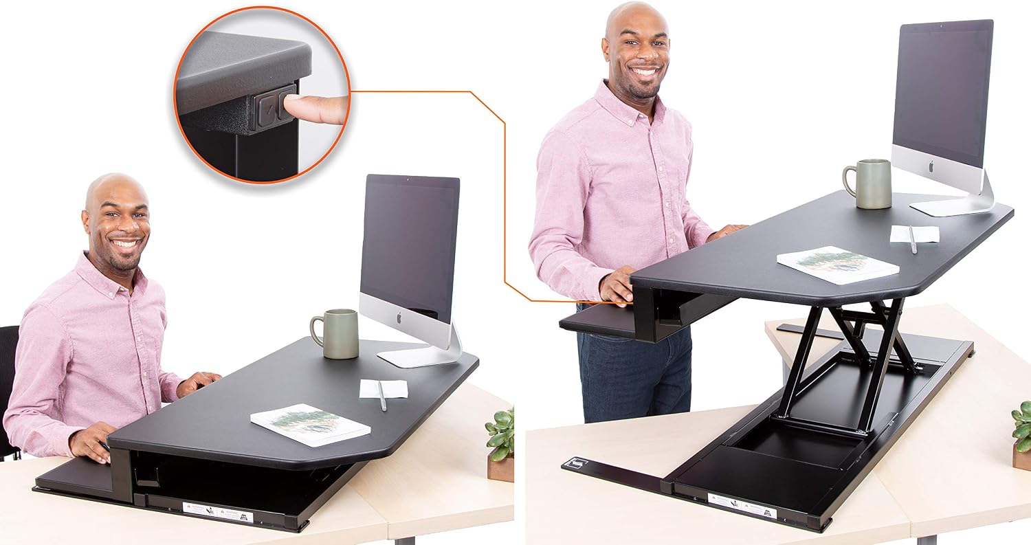 Flexpro Power 40 Inch Electric Corner Desk Converter for Cubicles and L-Shaped Desks with Quiet Height Adjustments, Large Dual Level Sit to Stand Computer Workspace (Black, 44in x 32in)