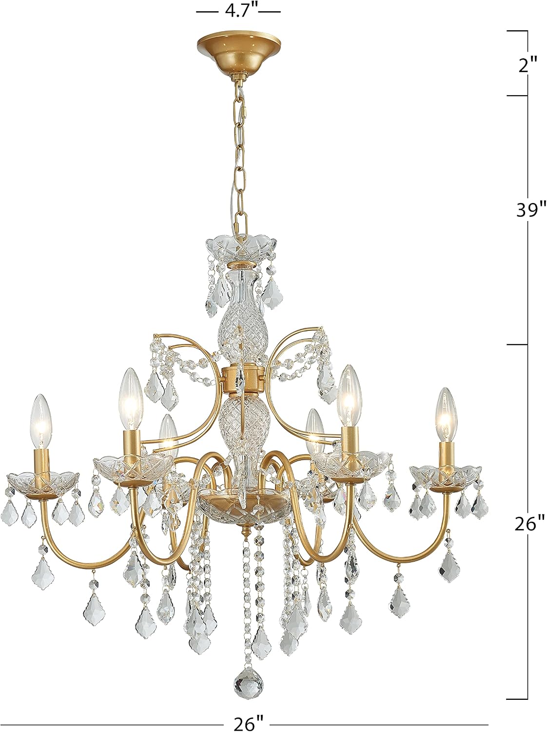 Bestier Gold Finish Elegent Crystal Candle Candelabra Chandelier 6 Light Lighting Fixture LED Pendant Ceiling Light Dia 26 in x H 26 in
