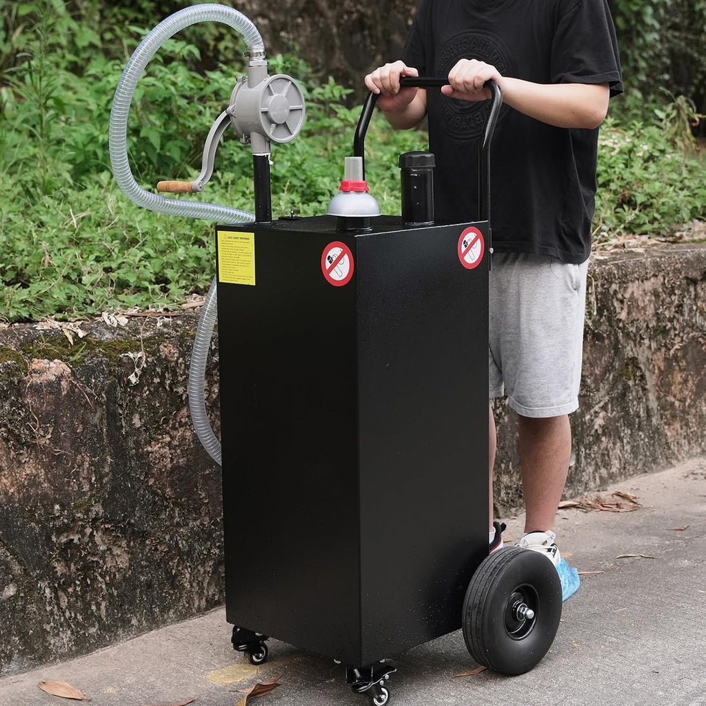 45 Gallon Fuel Caddy with Pump – Portable Gasoline & Diesel Storage Tank with Wheels, Manual Fuel Transfer Can for Cars, Trucks, Boats, Motorcycles, Lawn Mowers & ATVs – Black