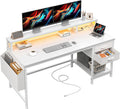 DurayLoly 48' White Desk with File Drawers & Storage Bag, Reversible Computer Desk with Monitor Stand,Home Office Desk with LED Strip & Power Outlets for Bedroom, Small Space, Study, Handwork
