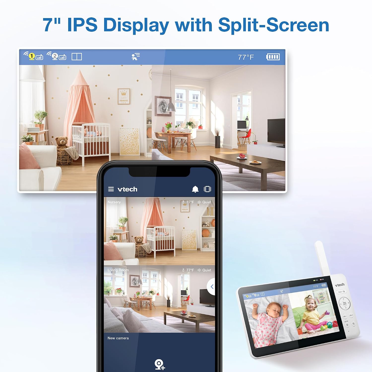 VTech WiFi Baby Monitor with 2 Cameras & 7' IPS Split Screen – 2K Sensor, 1080p HD App, 24X Zoom, Motion Alerts, Video Recording, Night Vision, Free App | Smart HQ Max Twin