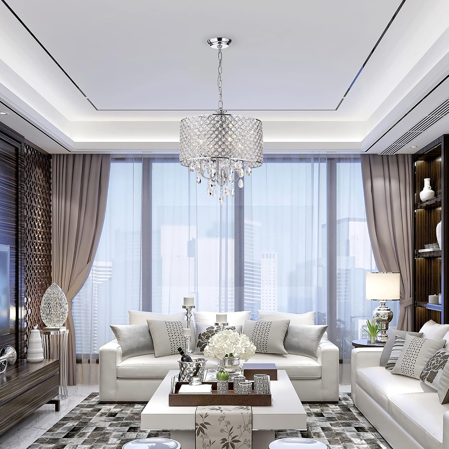 Edvivi Marya 4-Lights Chrome Round Crystal Chandelier Ceiling Fixture | Beaded Drum Shade